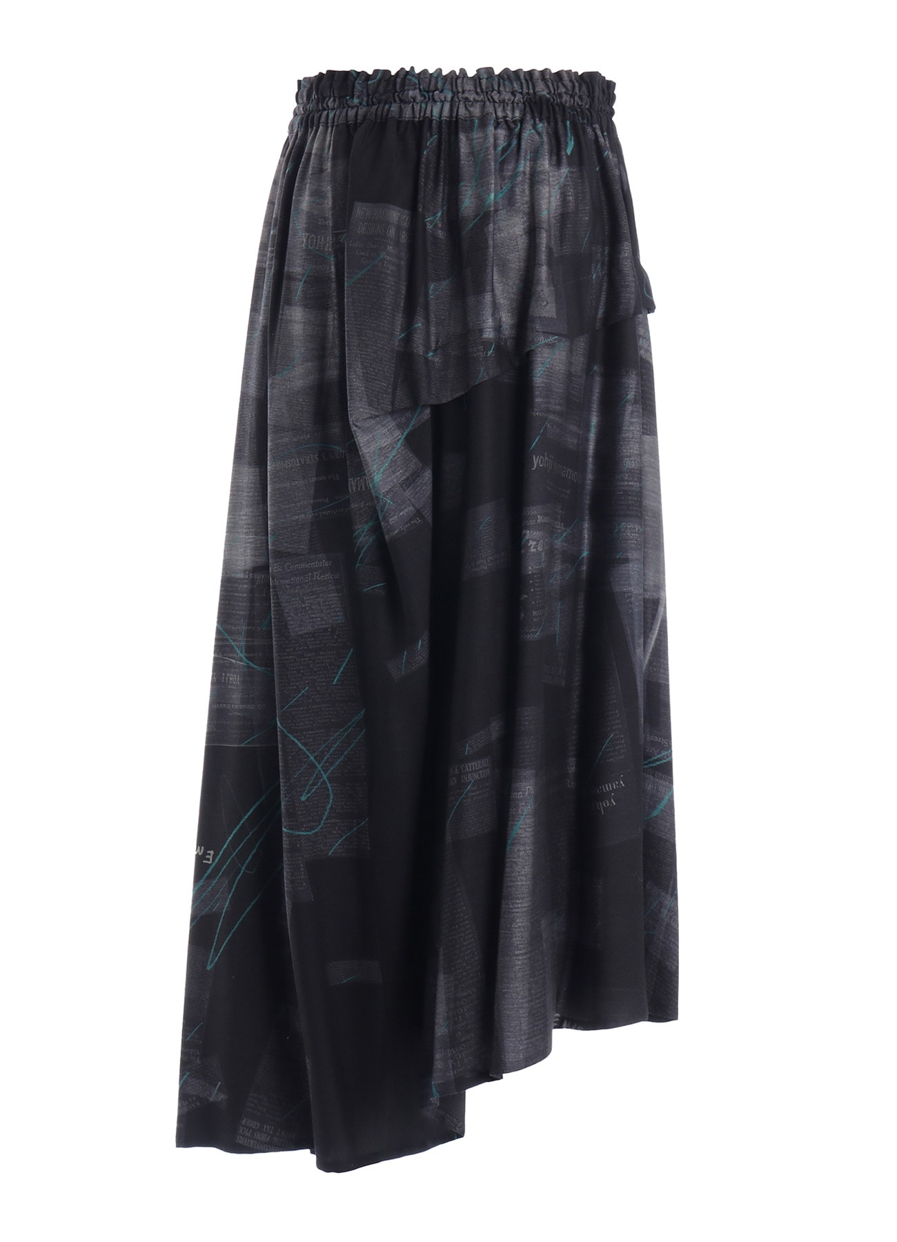 CUPRO DUNGAREE TWILL NEWSPAPER PRINT ASYMMETRIC SKIRT