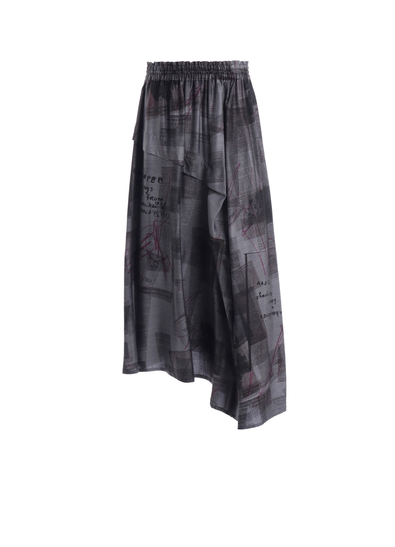CUPRO DUNGAREE TWILL NEWSPAPER PRINT ASYMMETRIC SKIRT