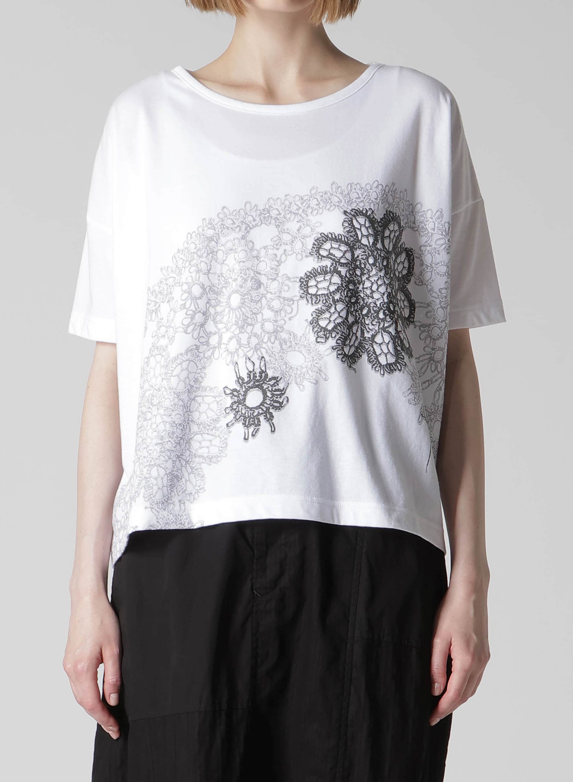 COTTON JERSEY LACE PRINT SHORT SLEEVE CROPED TEE