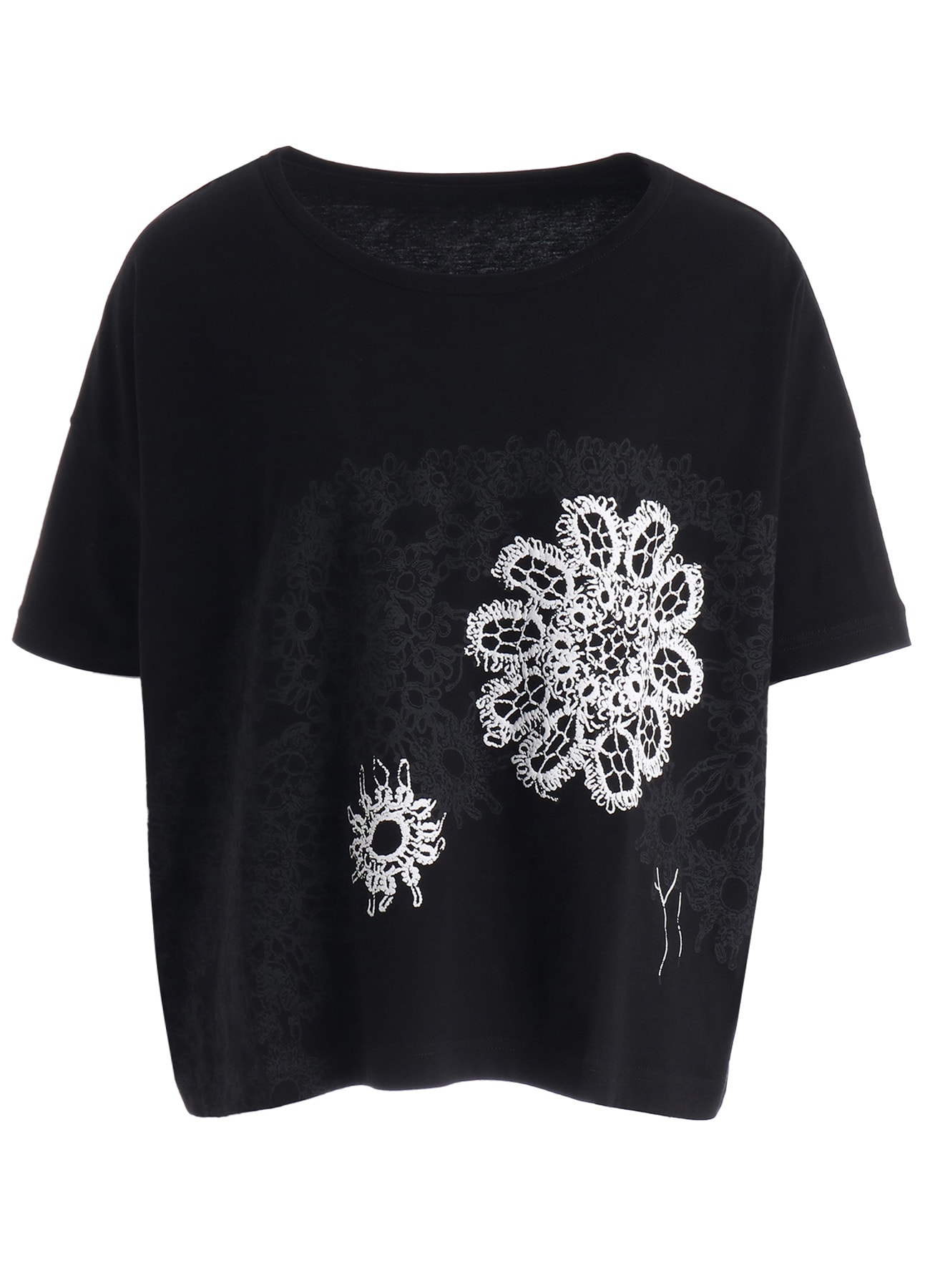 COTTON JERSEY LACE PRINT SHORT SLEEVE CROPED TEE