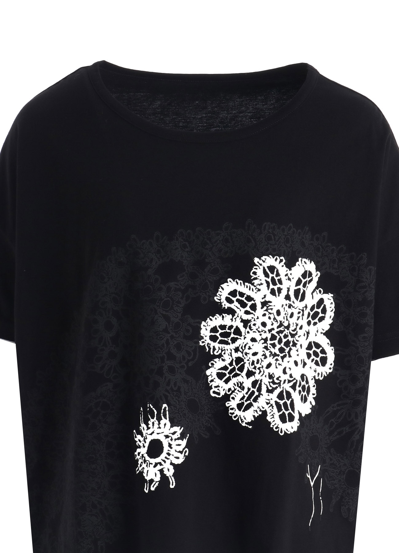 COTTON JERSEY LACE PRINT SHORT SLEEVE CROPED TEE