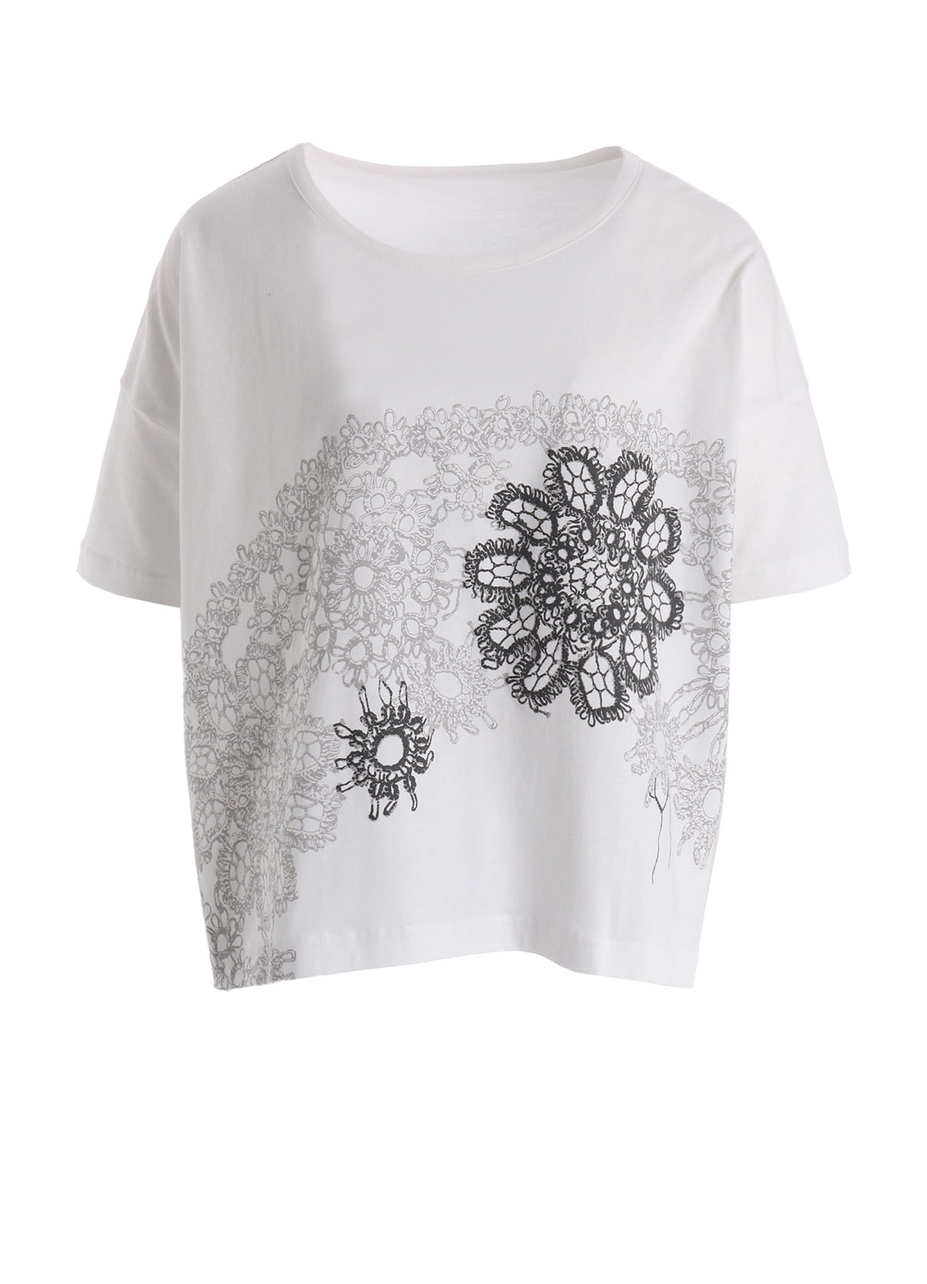 COTTON JERSEY LACE PRINT SHORT SLEEVE CROPED TEE