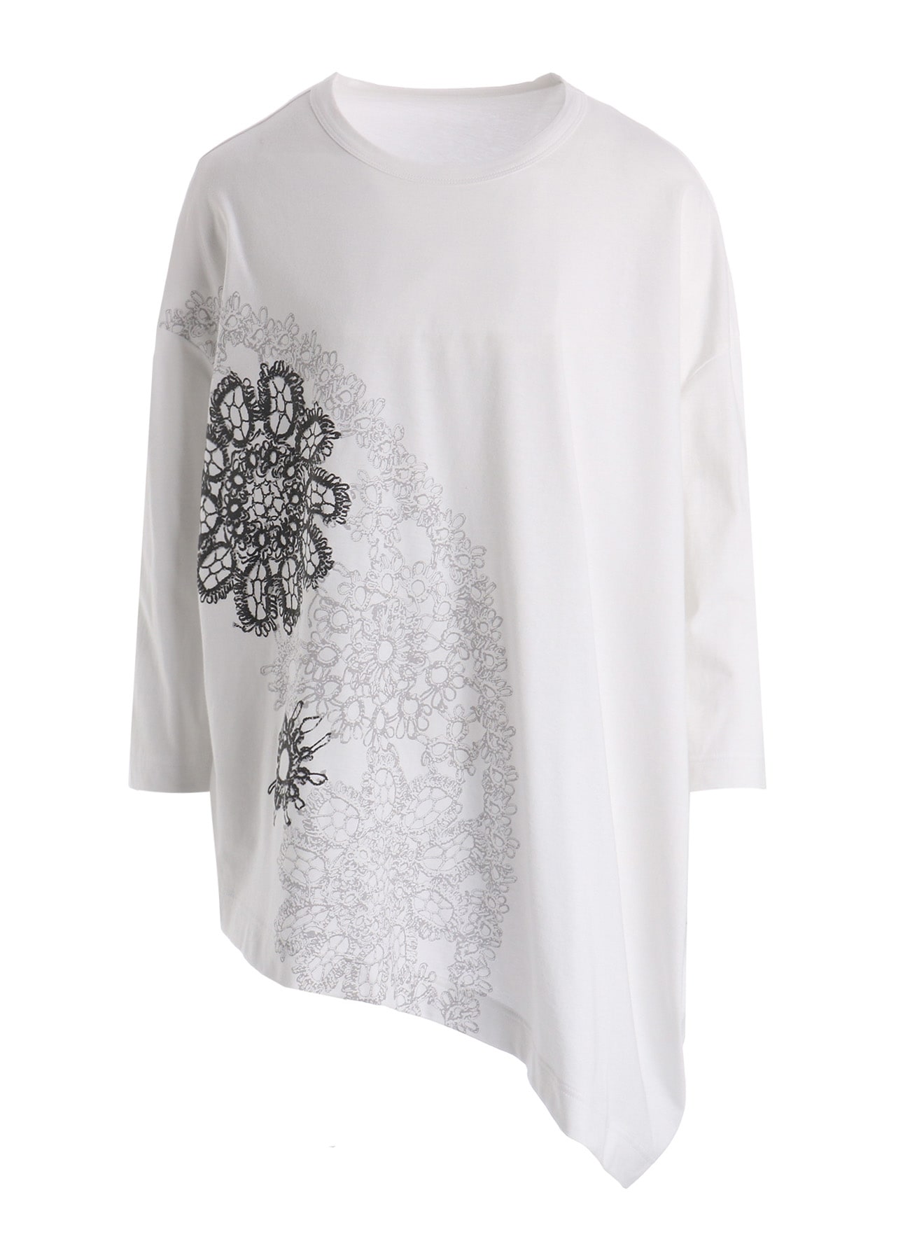 COTTON JERSEY LACE PRINT ASYMMETRIC DRAPE TEE