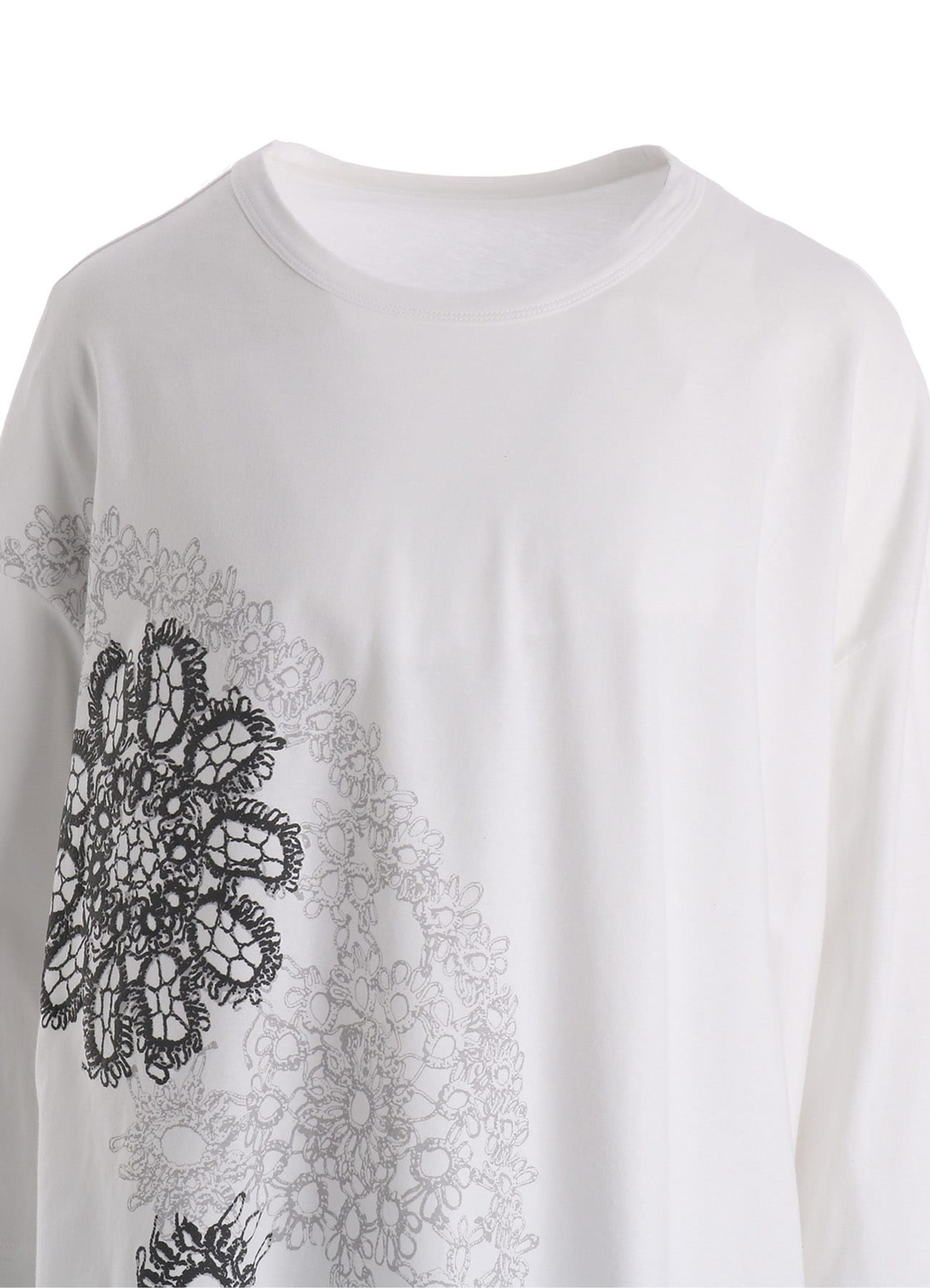 COTTON JERSEY LACE PRINT ASYMMETRIC DRAPE TEE