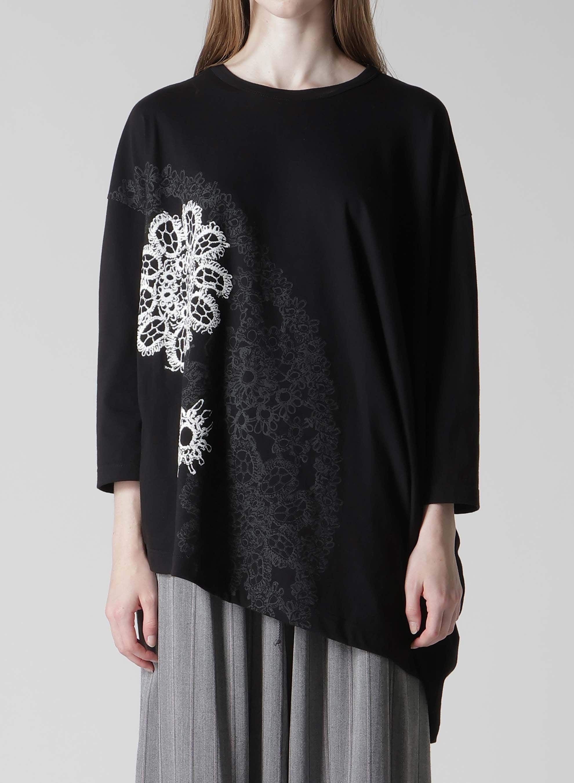 COTTON JERSEY LACE PRINT ASYMMETRIC DRAPE TEE