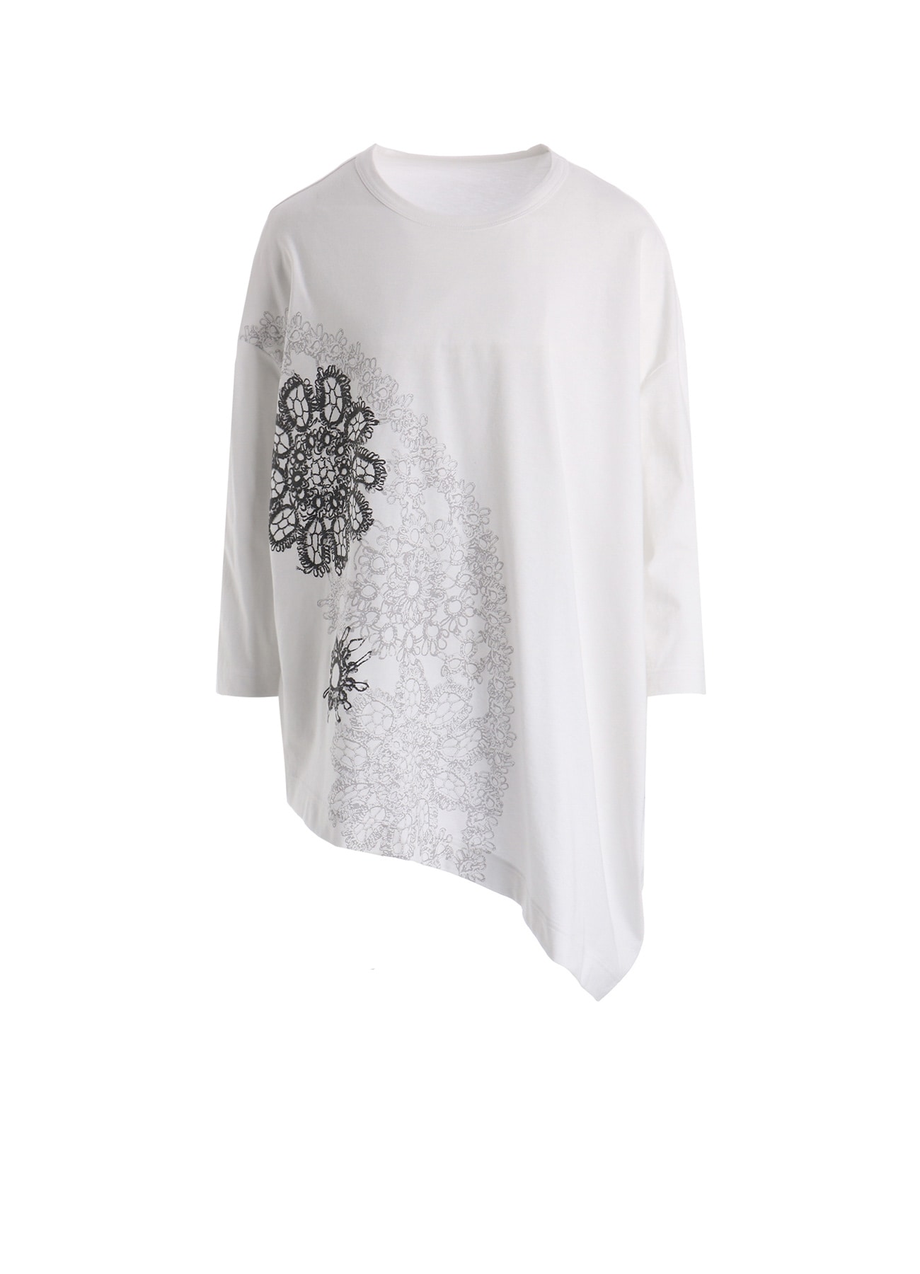 COTTON JERSEY LACE PRINT ASYMMETRIC DRAPE TEE