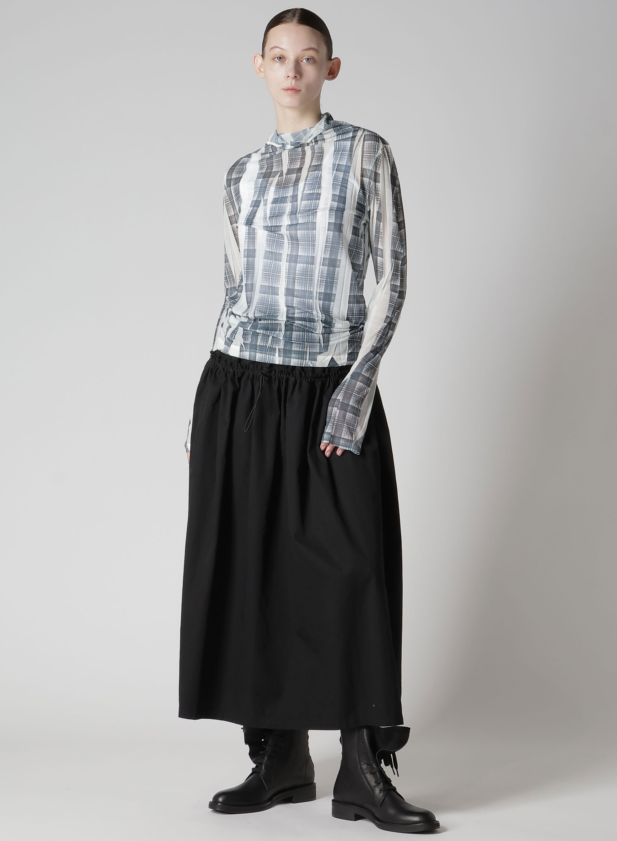 PLEATED PLAID PRINT OFF-NECK TEE