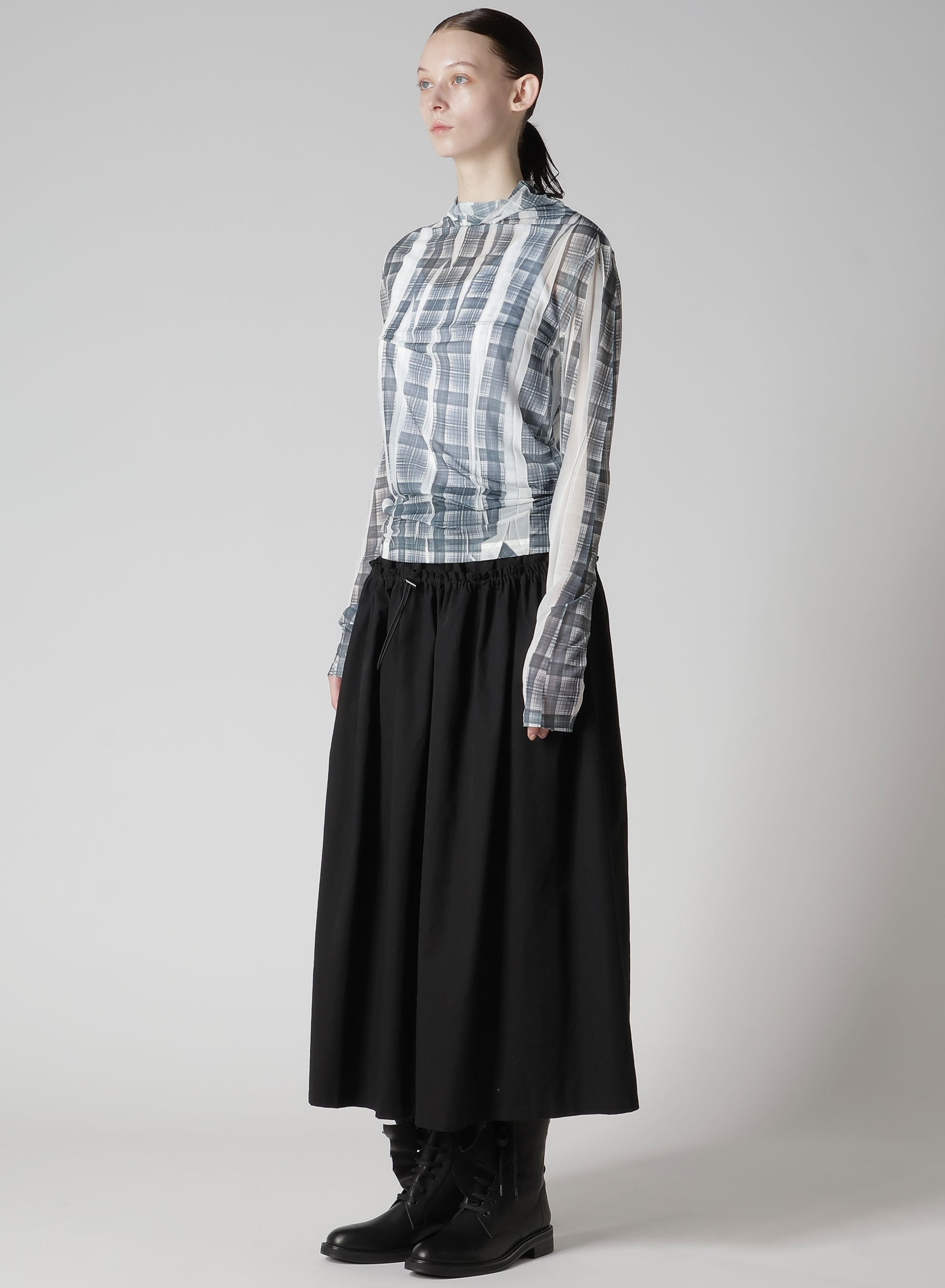 PLEATED PLAID PRINT OFF-NECK TEE