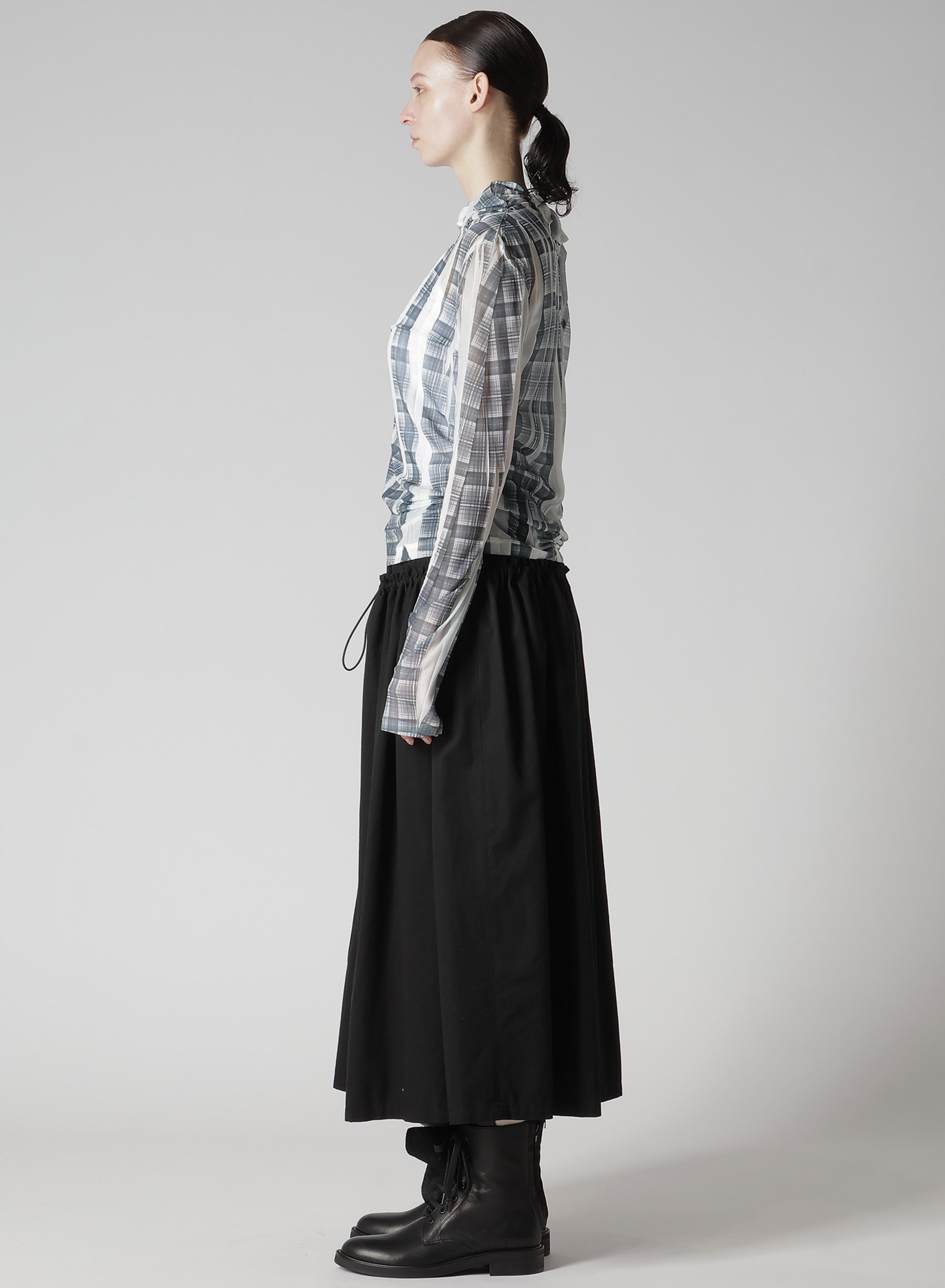 PLEATED PLAID PRINT OFF-NECK TEE