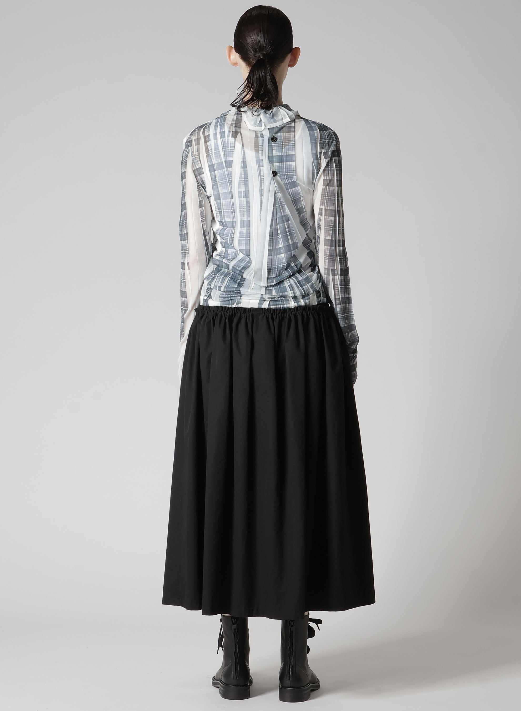 PLEATED PLAID PRINT OFF-NECK TEE