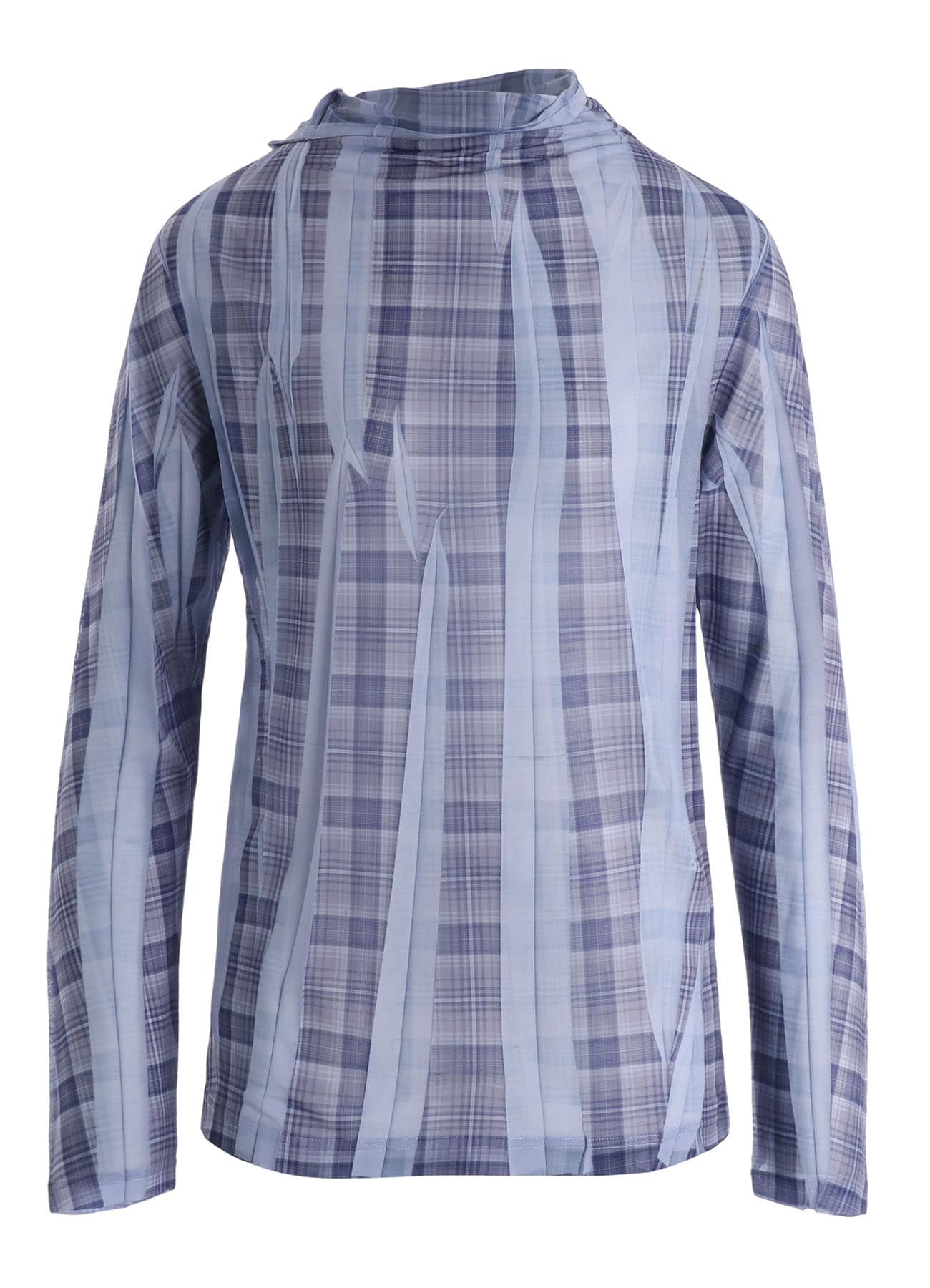 PLEATED PLAID PRINT OFF-NECK TEE