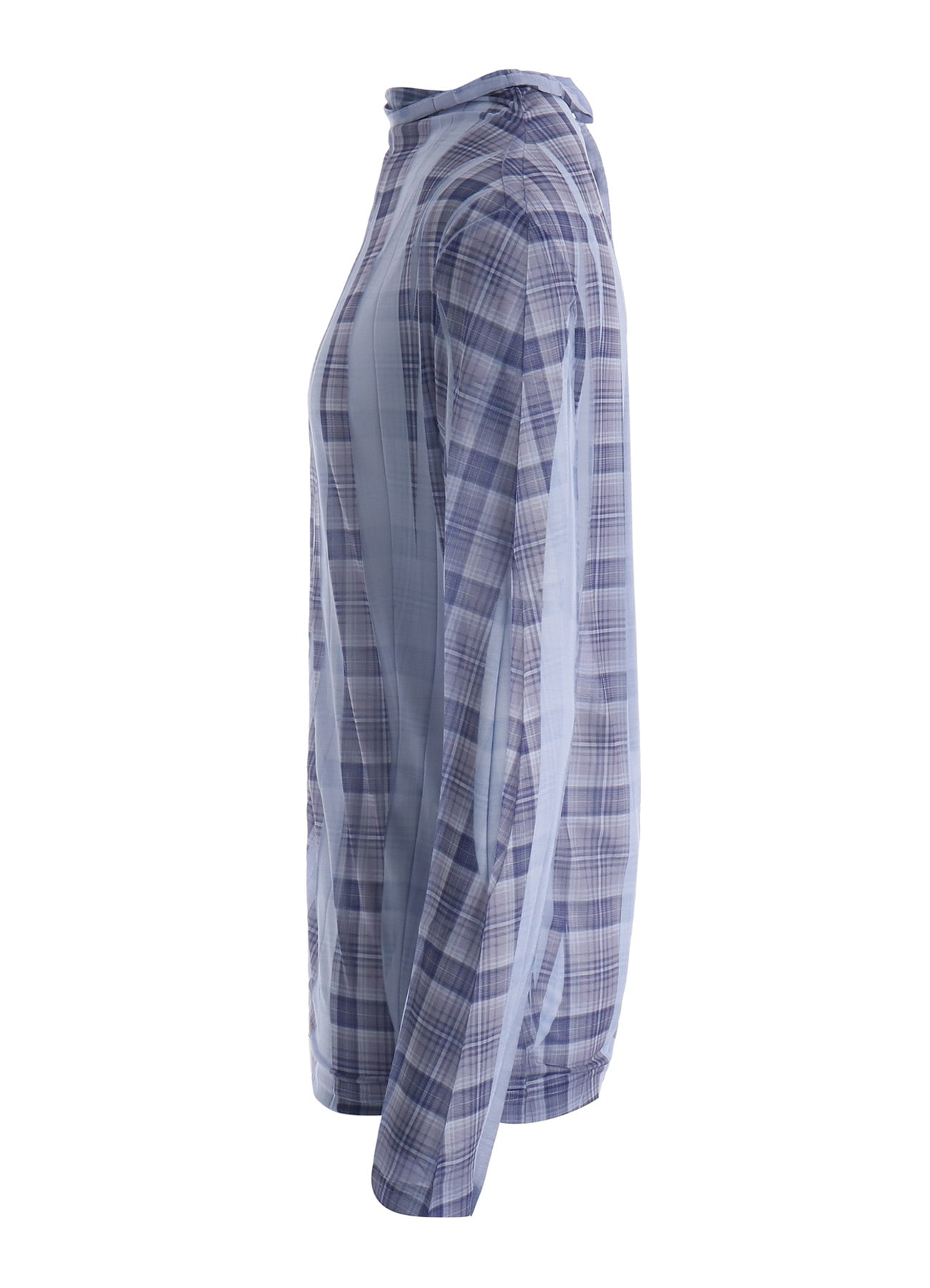 PLEATED PLAID PRINT OFF-NECK TEE