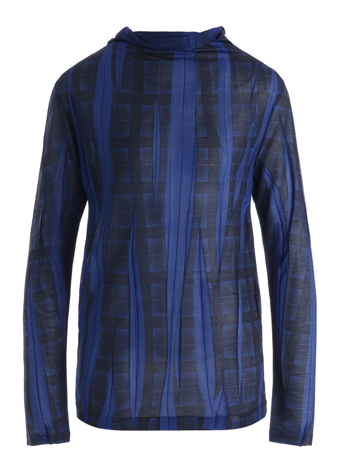 PLEATED PLAID PRINT OFF-NECK TEE