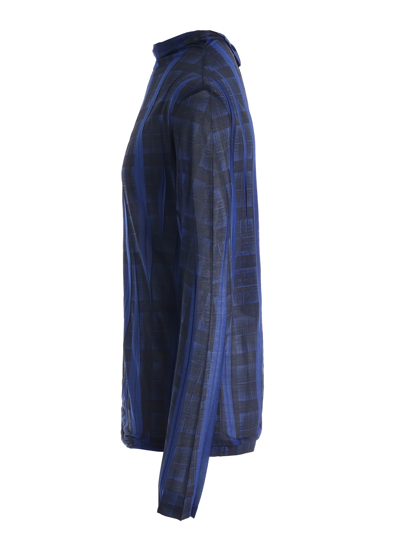 PLEATED PLAID PRINT OFF-NECK TEE