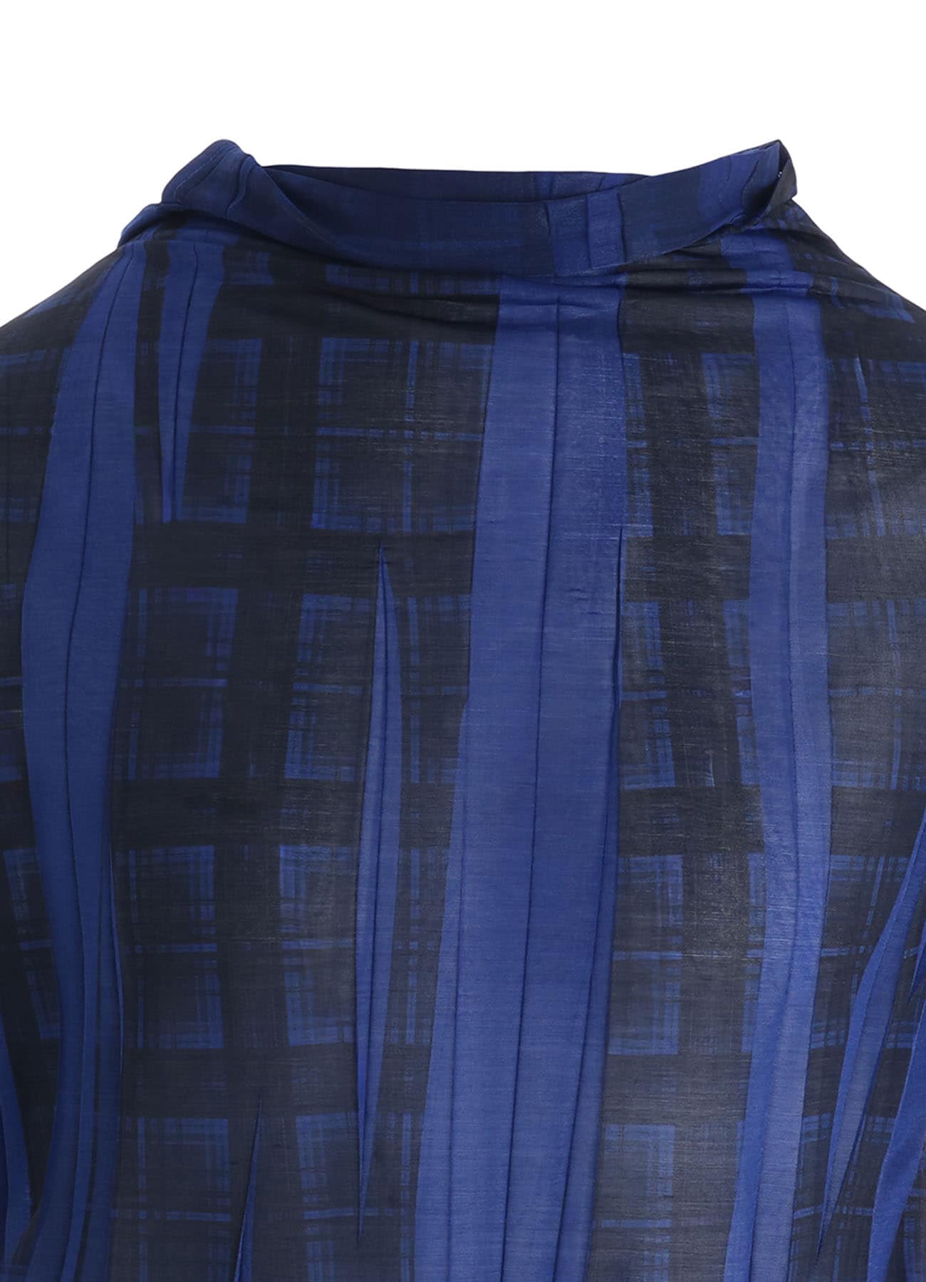 PLEATED PLAID PRINT OFF-NECK TEE