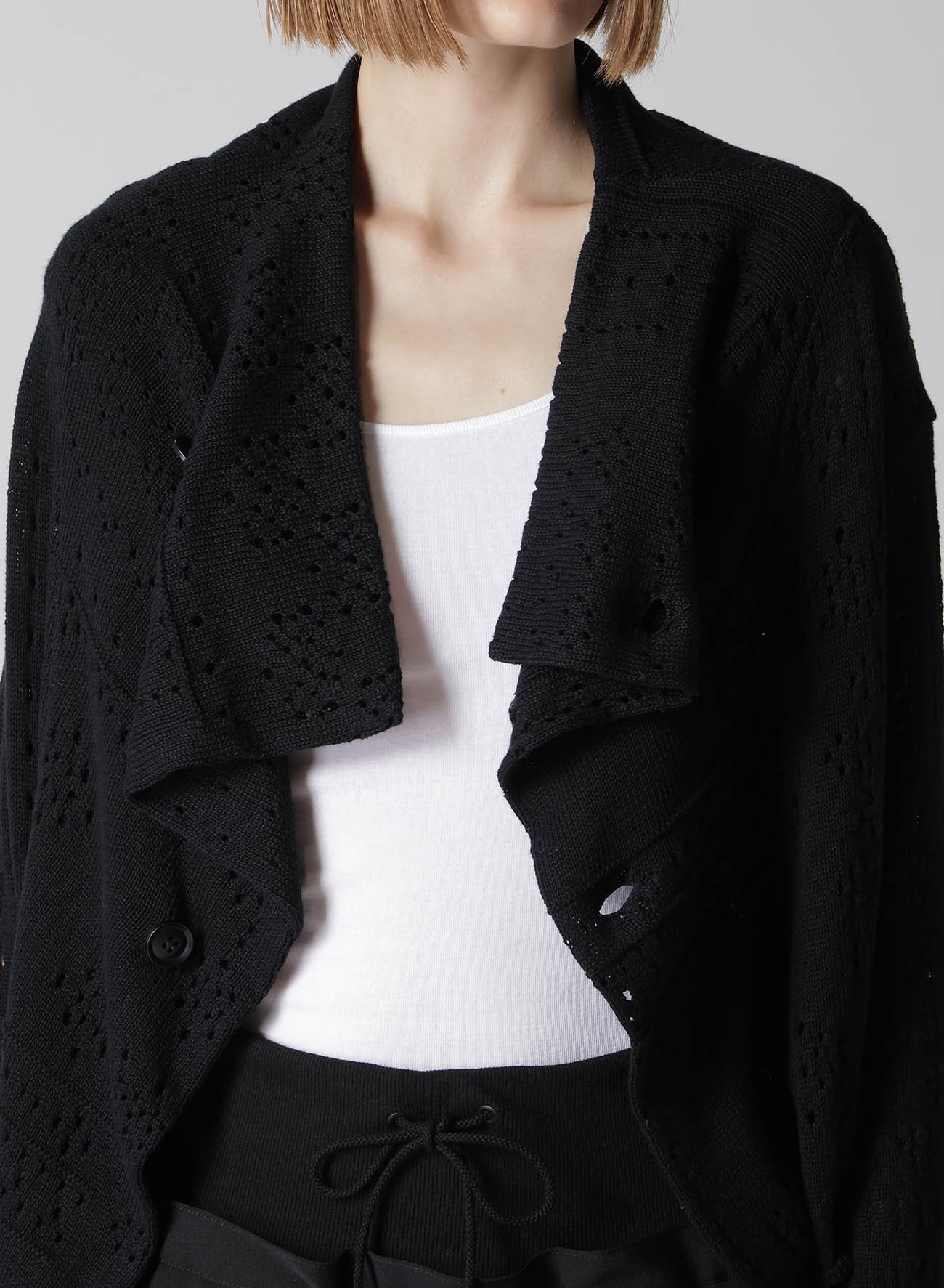 PATCHWORK LACE OFF-NECK CROPPED CARDIGAN