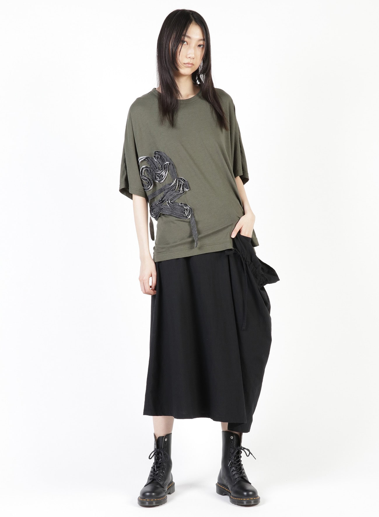 GAUZE JERSEY X RIB PANEL HIGH NECK SHORT SLEEVE TEE