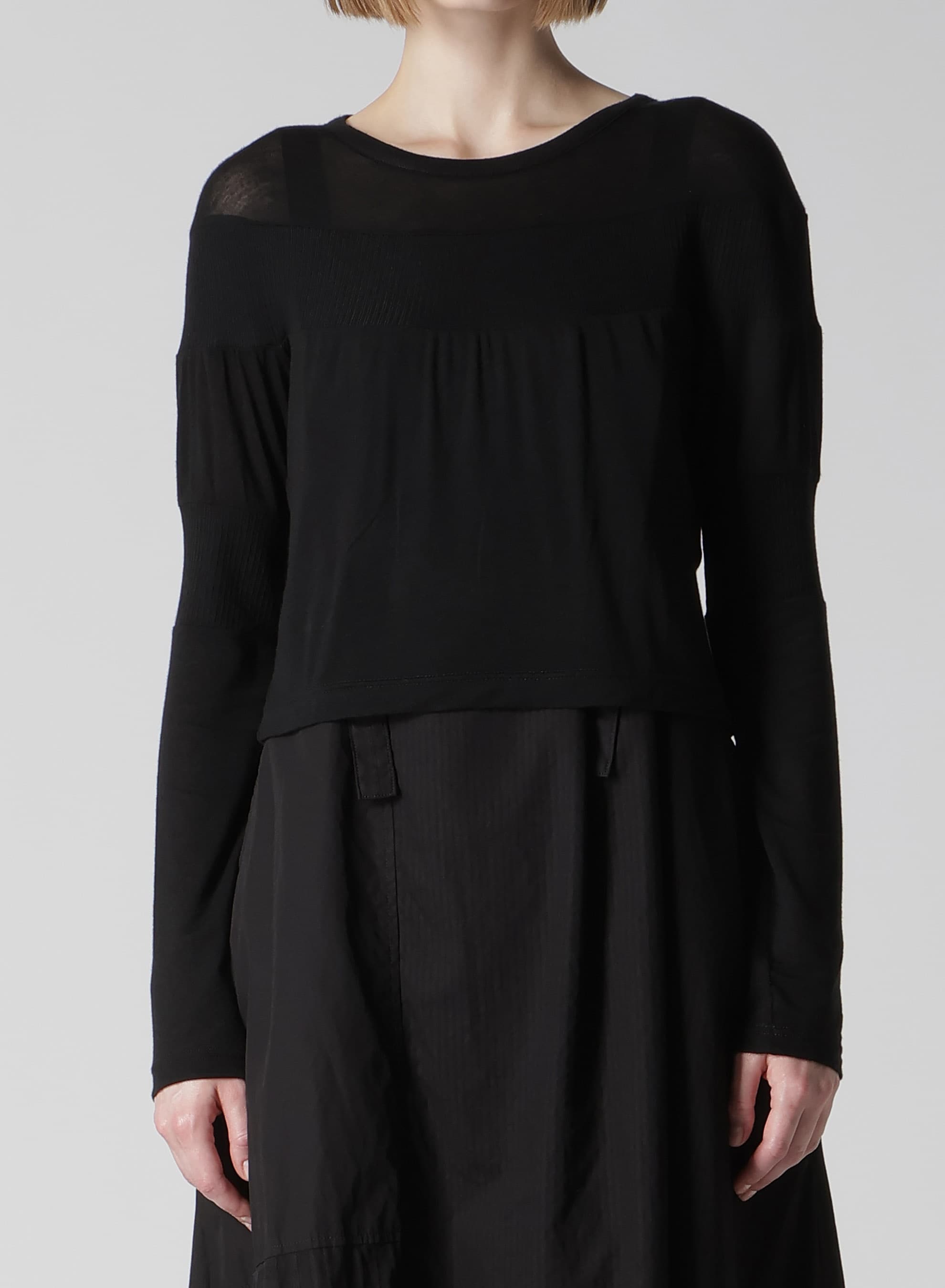 GAUZE JERSEY X RIB PANEL CROPPED ROUND NECK TEE