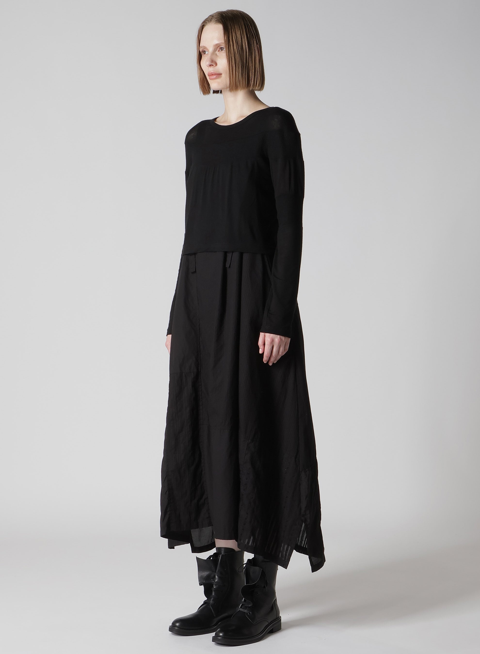 GAUZE JERSEY X RIB PANEL CROPPED ROUND NECK TEE