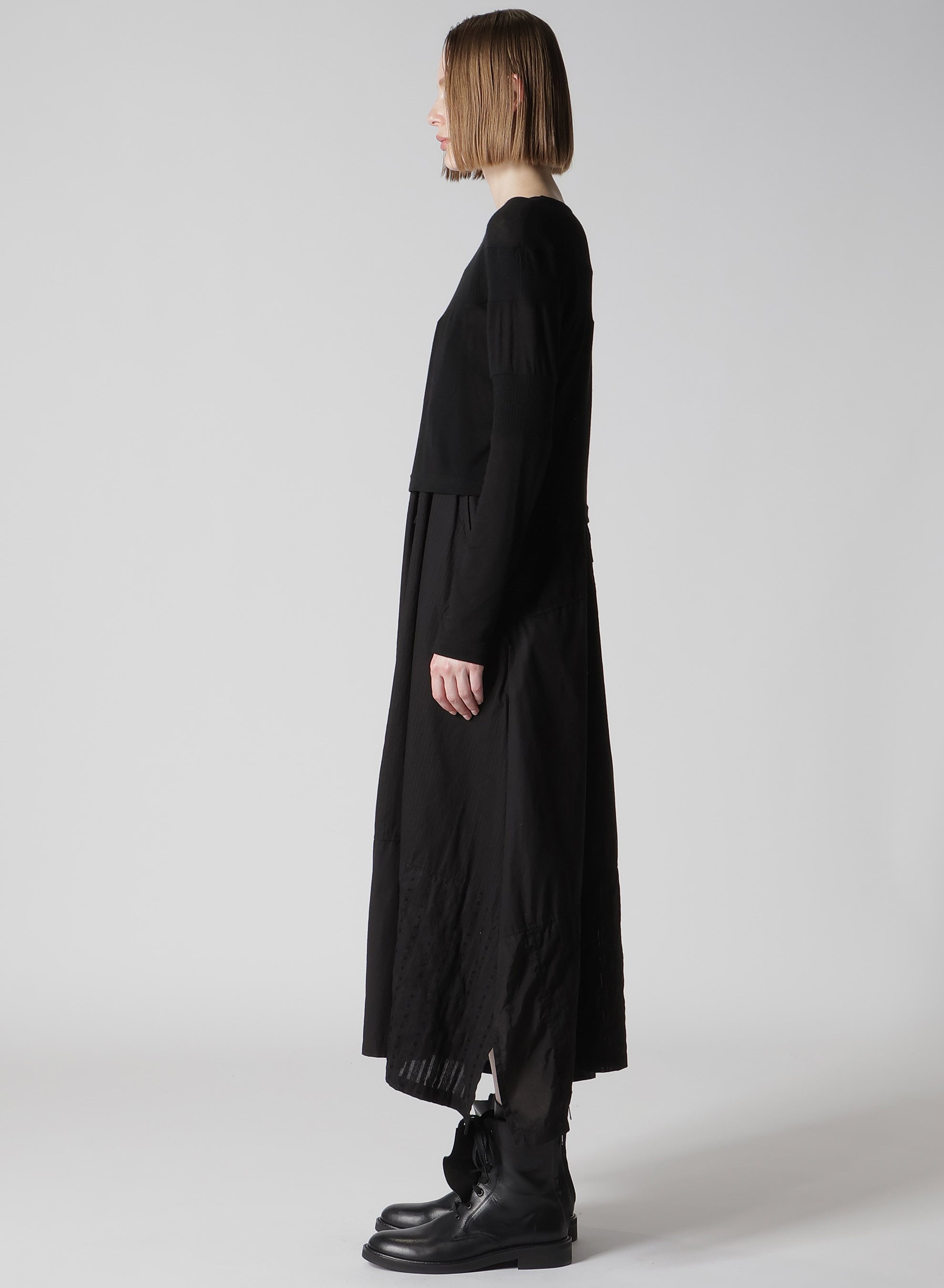 GAUZE JERSEY X RIB PANEL CROPPED ROUND NECK TEE