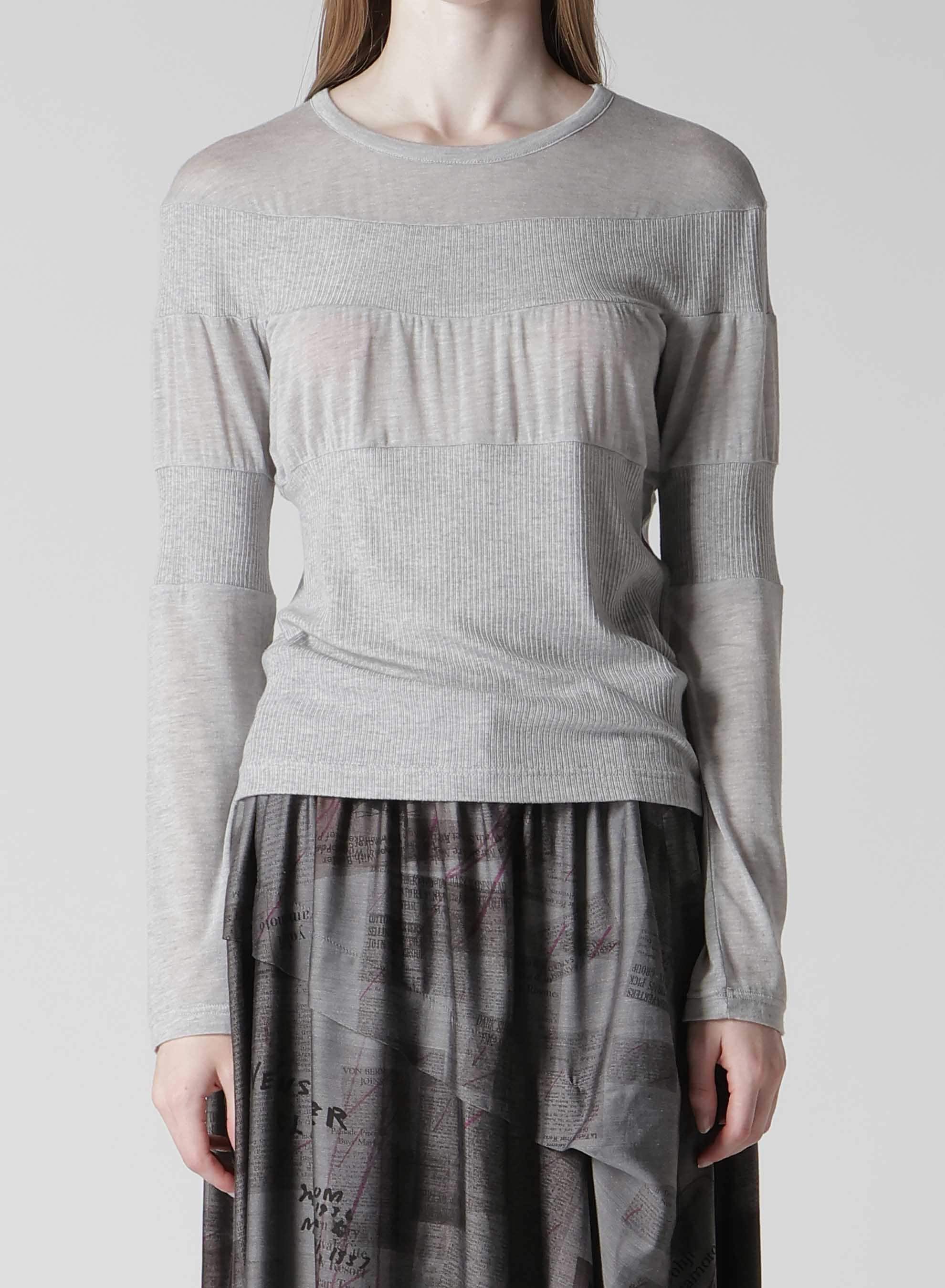 GAUZE JERSEY X RIB PANEL ROUND NECK LONG SLEEVE TEE