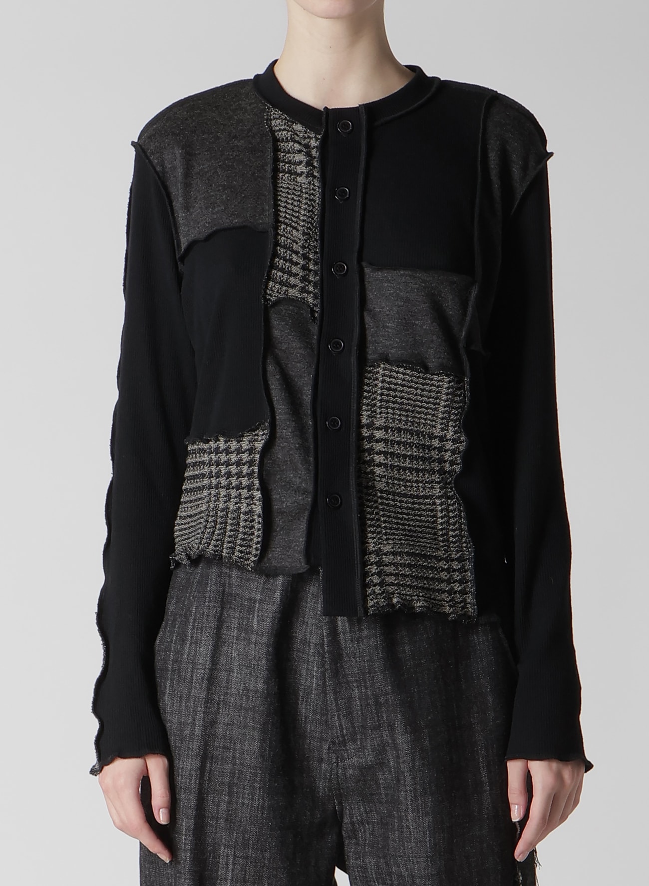 HOUNDSTOOTH/PLAID PATCHWORK LONG SLEEVE CARDIGAN