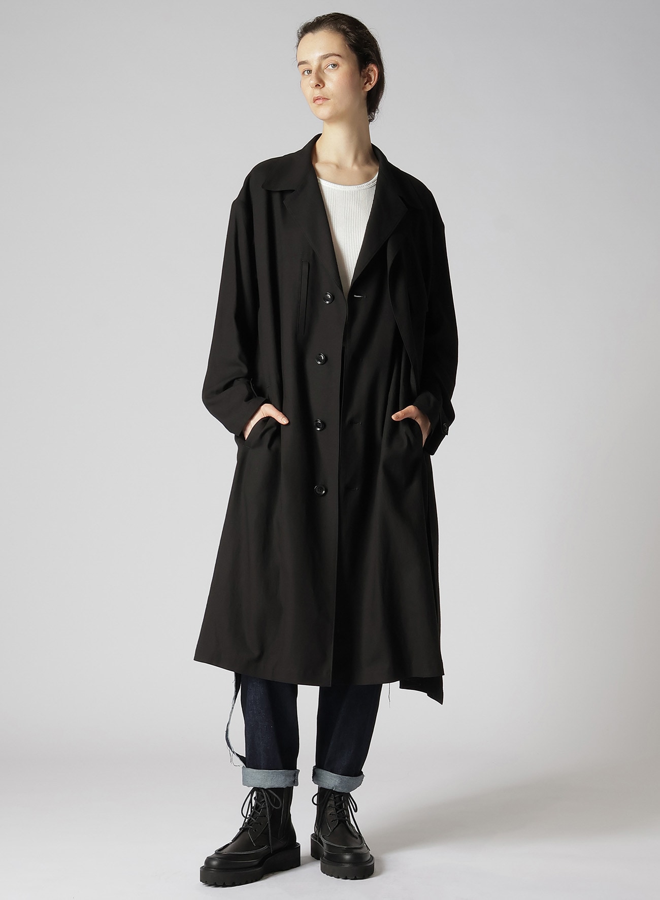 RAYON LINEN LEFT FRONT DOUBLE LAYERED COAT(XS Black): Y's｜THE 