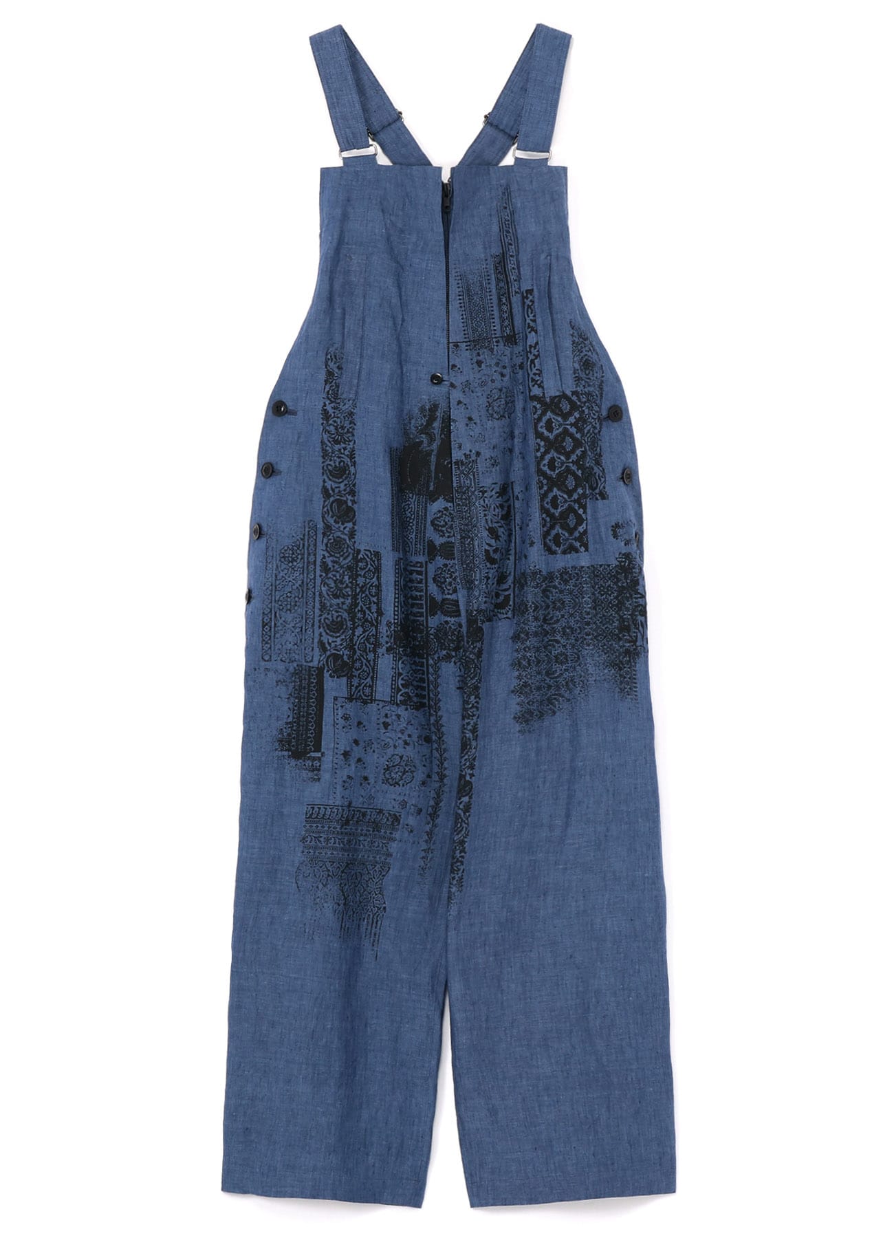 LINEN CHAMBRAY ETHNIC PATCHWORK PRINT OVERALLS(XS Light Blue): Y's 