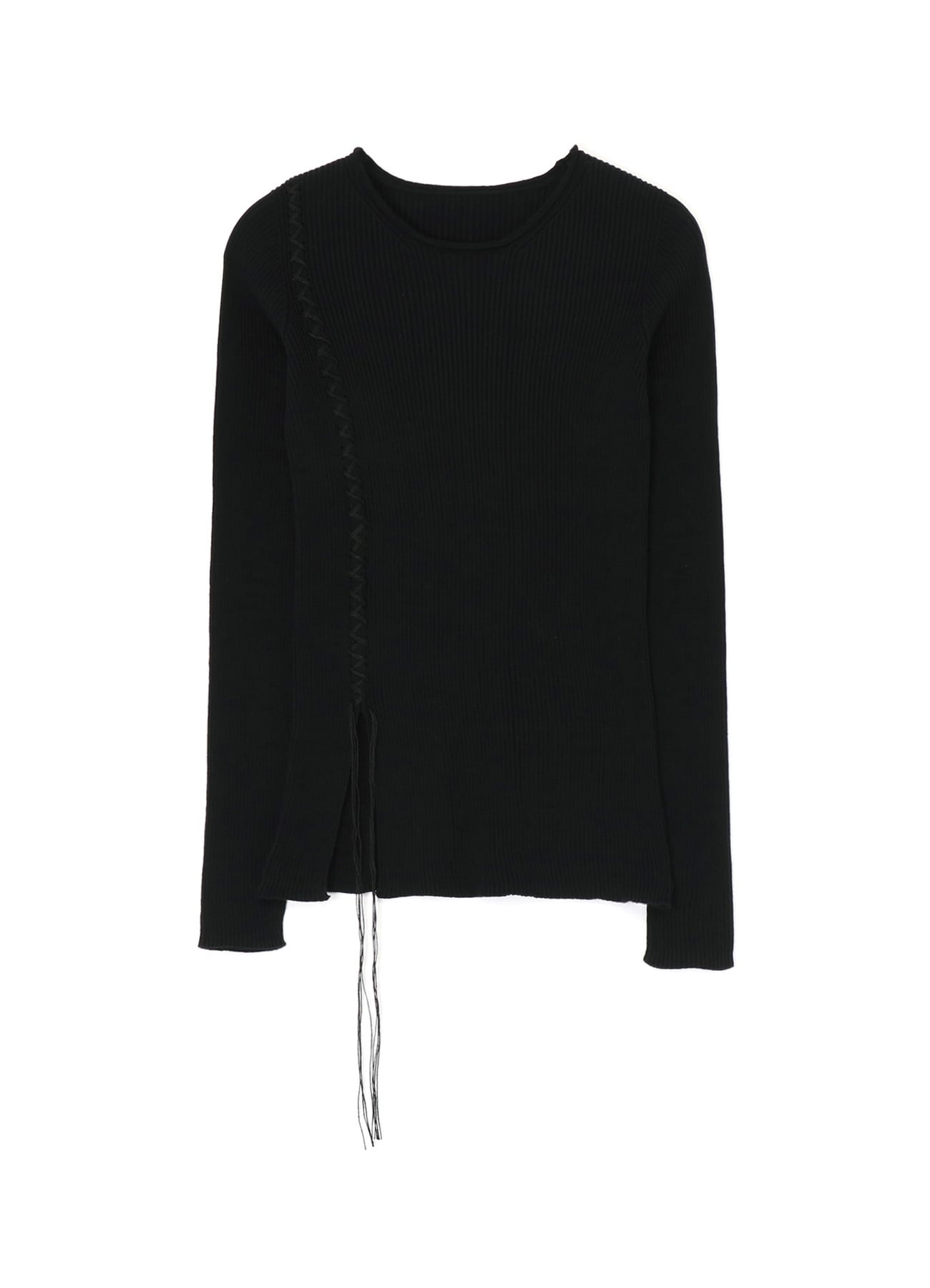 LACED UP LONG SLEEVE ROUND NECK RIBBED KNIT(S Black): Y's｜THE 