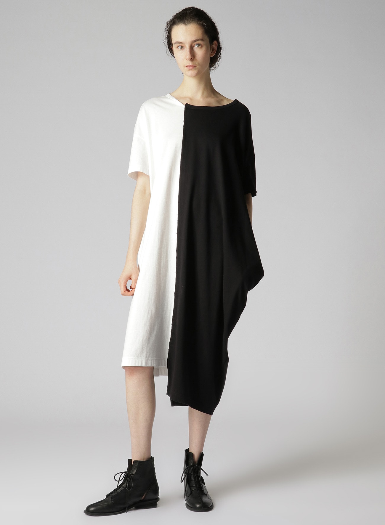SOFT COTTON JERSEY UNEVEN CUT&SEW DRESS(S White x Black): Y's｜THE 
