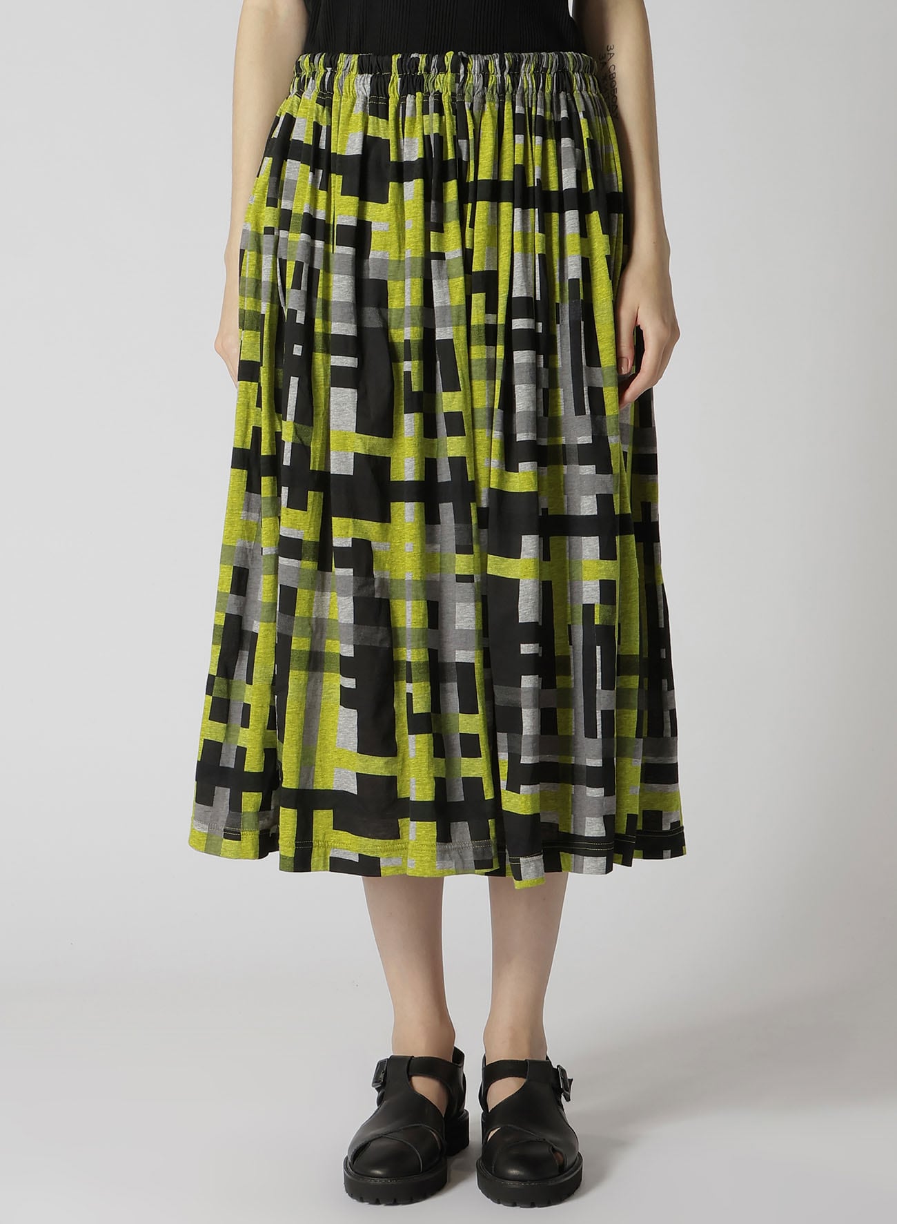 JERSEY PIGMENT CHECK PRINT GATHERED SKIRT(S Yellow): Y's｜THE SHOP 