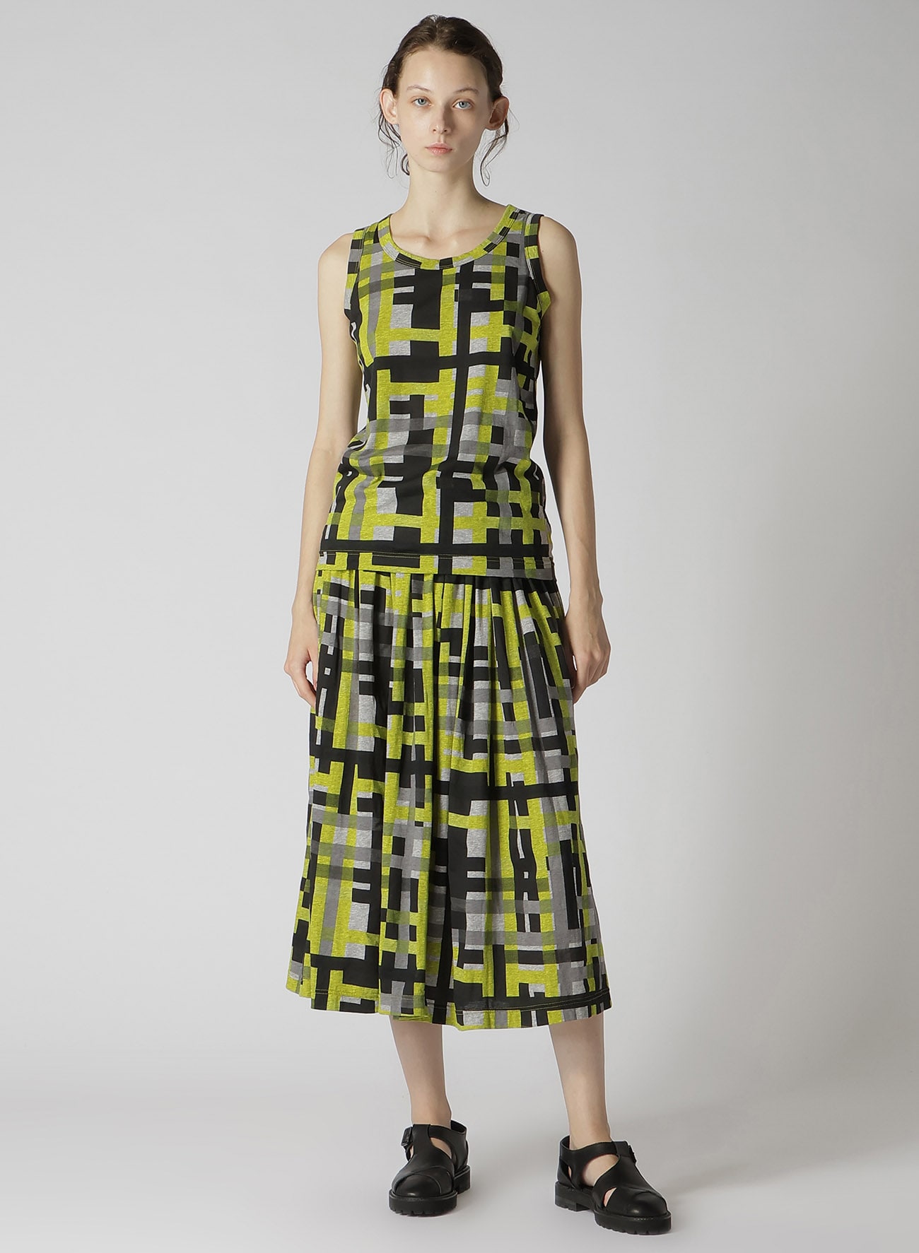 JERSEY PIGMENT CHECK PRINT GATHERED SKIRT(S Yellow): Y's｜THE SHOP 