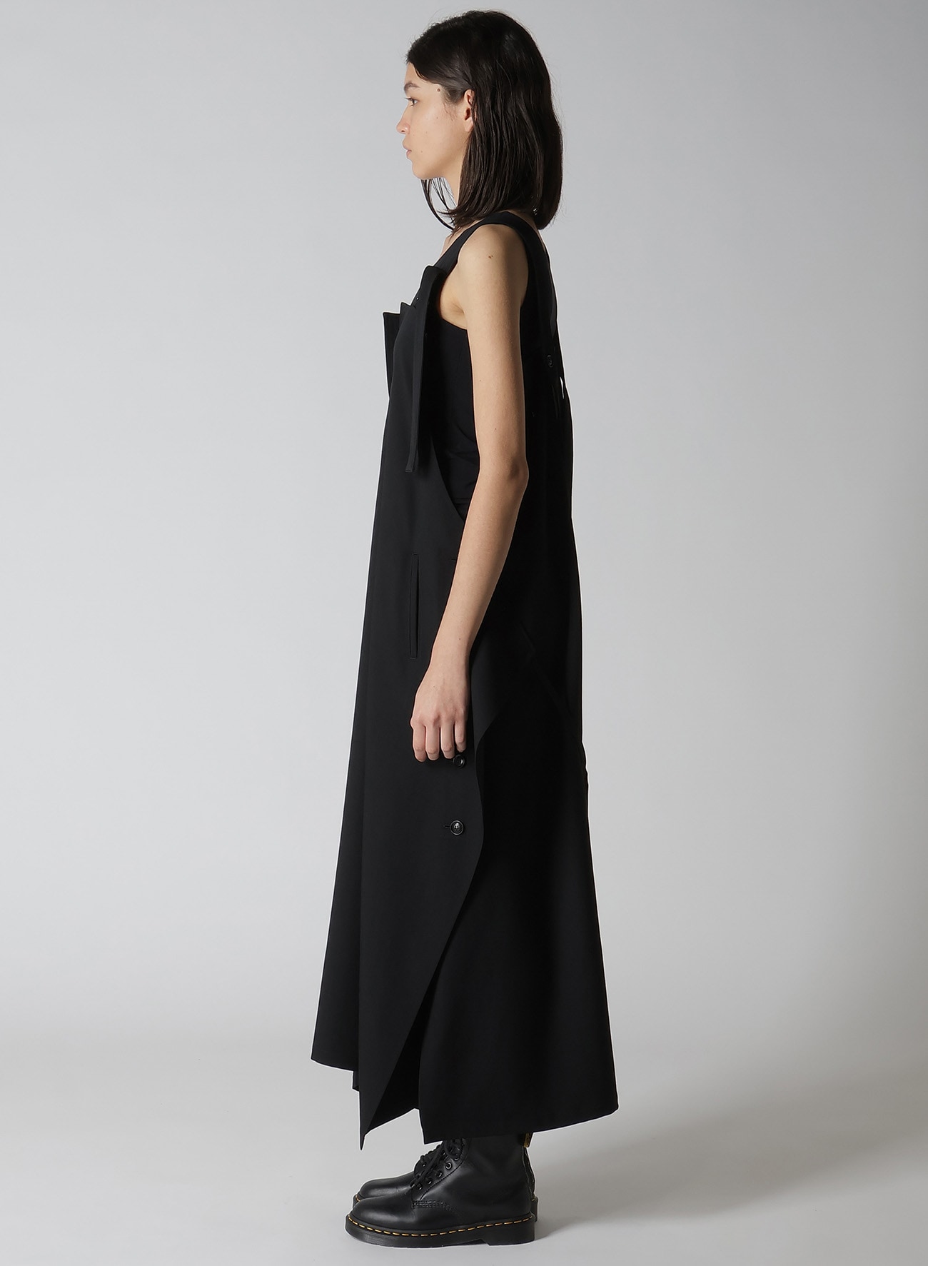 WOOL GABARDINE SIDE BUTTON SHOULDER STRAP DRESS