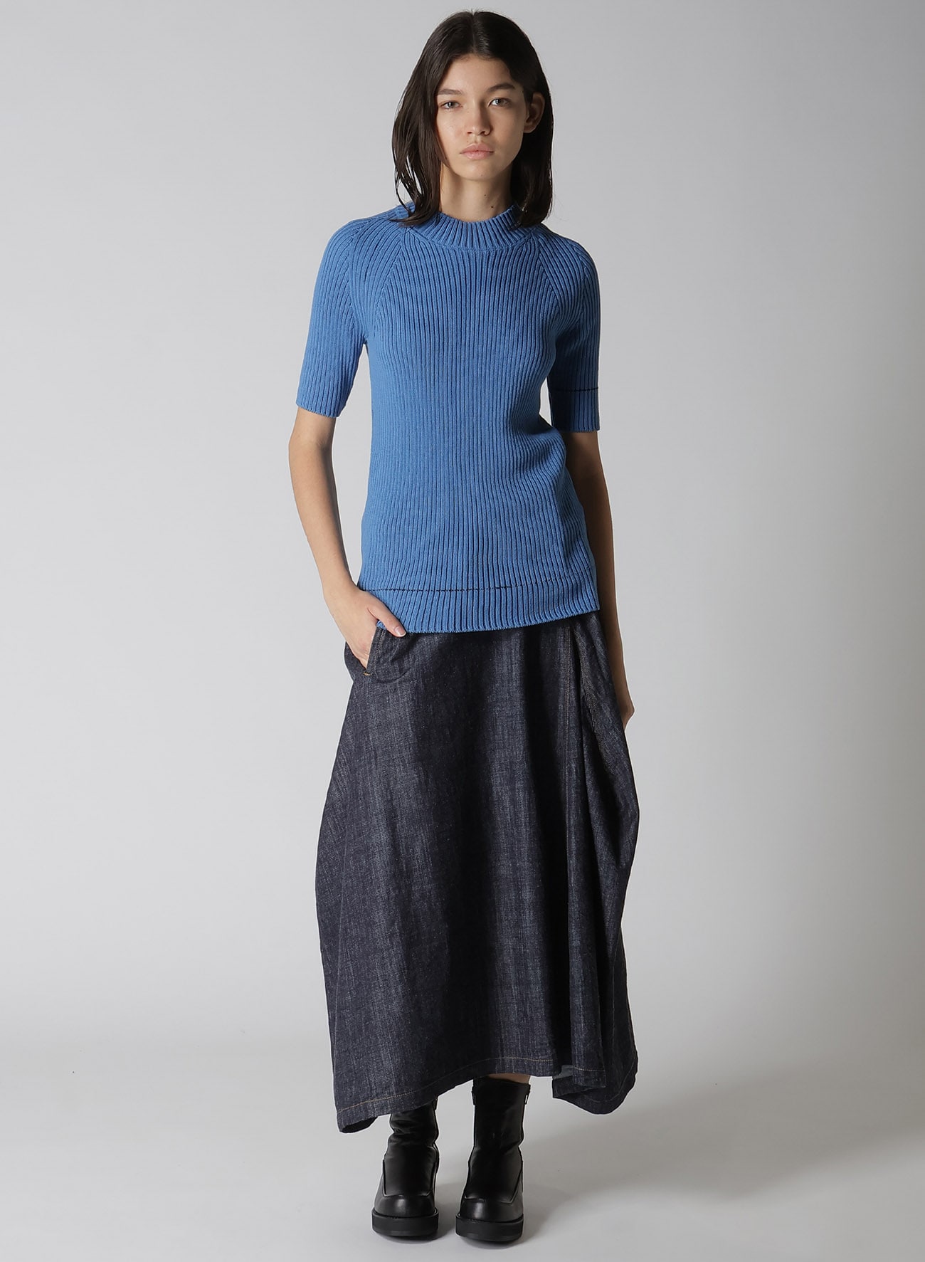 RIB STITCH TWISTED HALF SLEEVE RIB PULLOVER