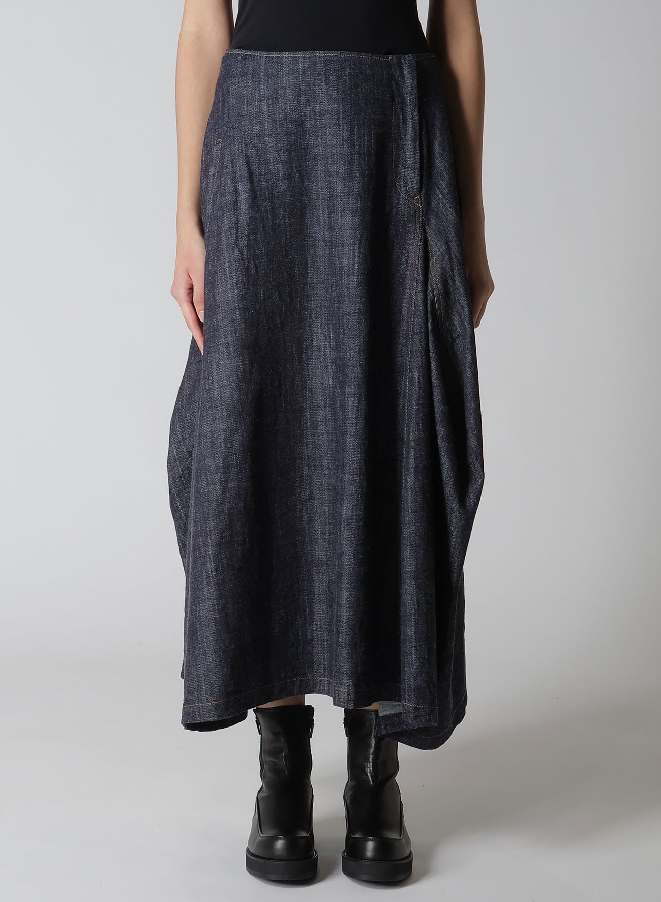 8OZ DENIM PANEL TUCKED FLARE SKIRT