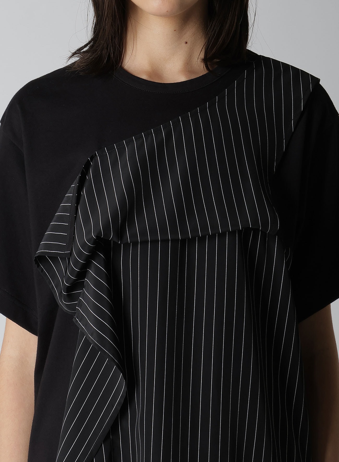 POLYESTER DE CHINE STRIPE CONBI HALF SLEEVE T