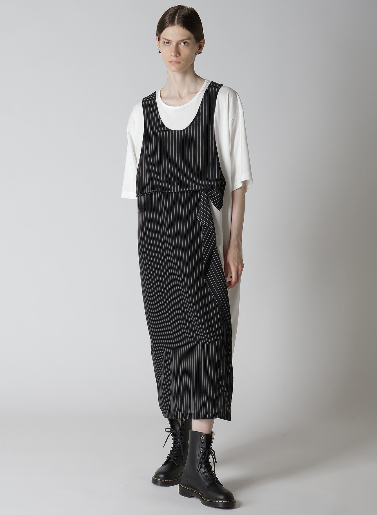 POLYESTER DE CHINE STRIPE CONBI HALF SLEEVE DRESS