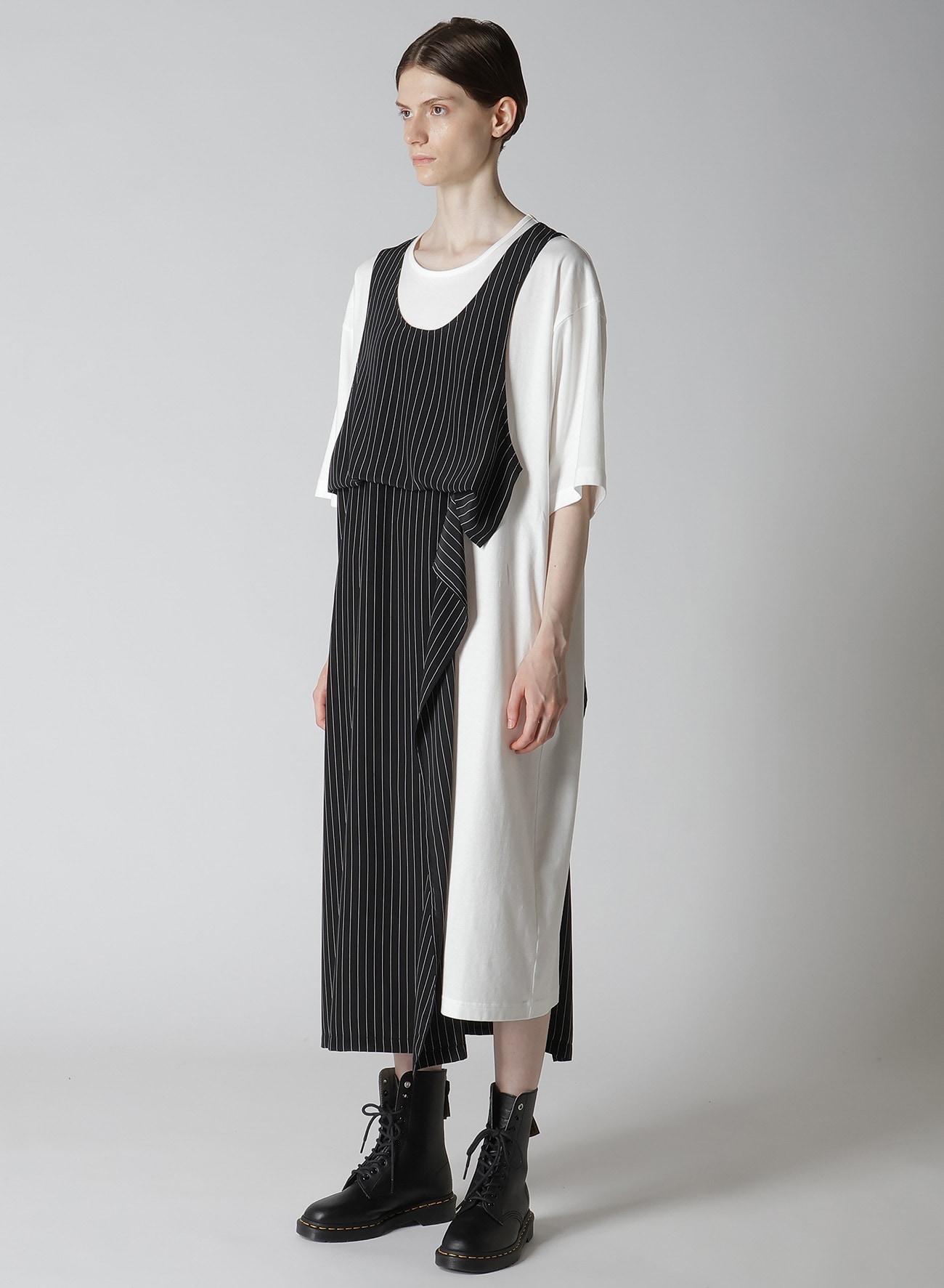 POLYESTER DE CHINE STRIPE CONBI HALF SLEEVE DRESS