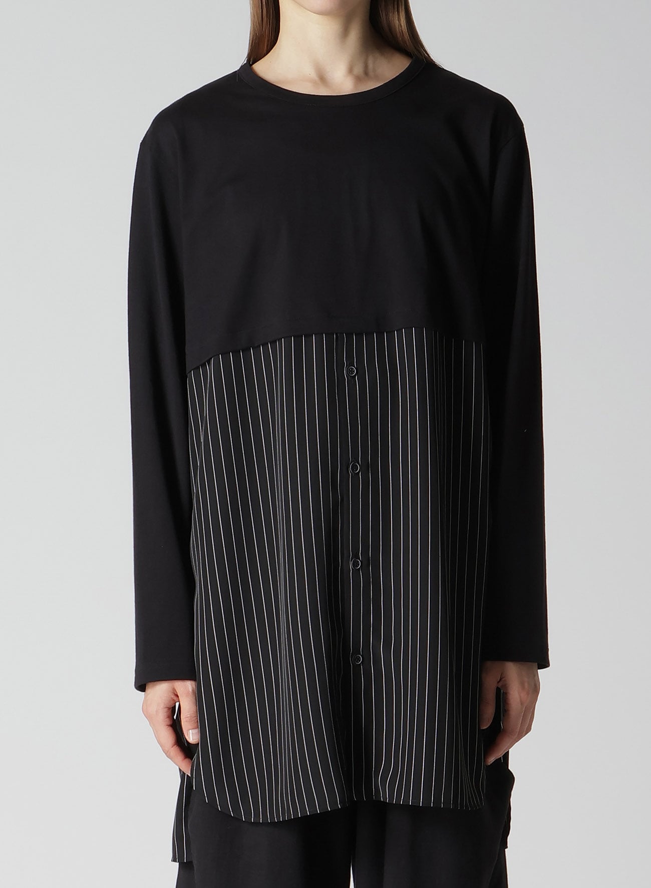 POLYESTER DE CHINE STRIPE CONBI LONG SLEEVE T