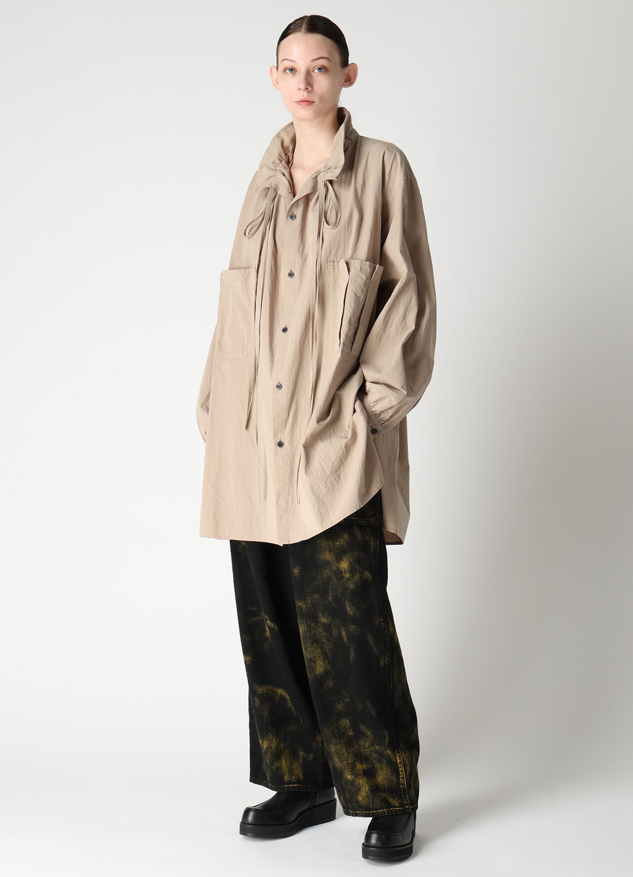 COTTON FLAX GATHERED COLLAR BLOUSE