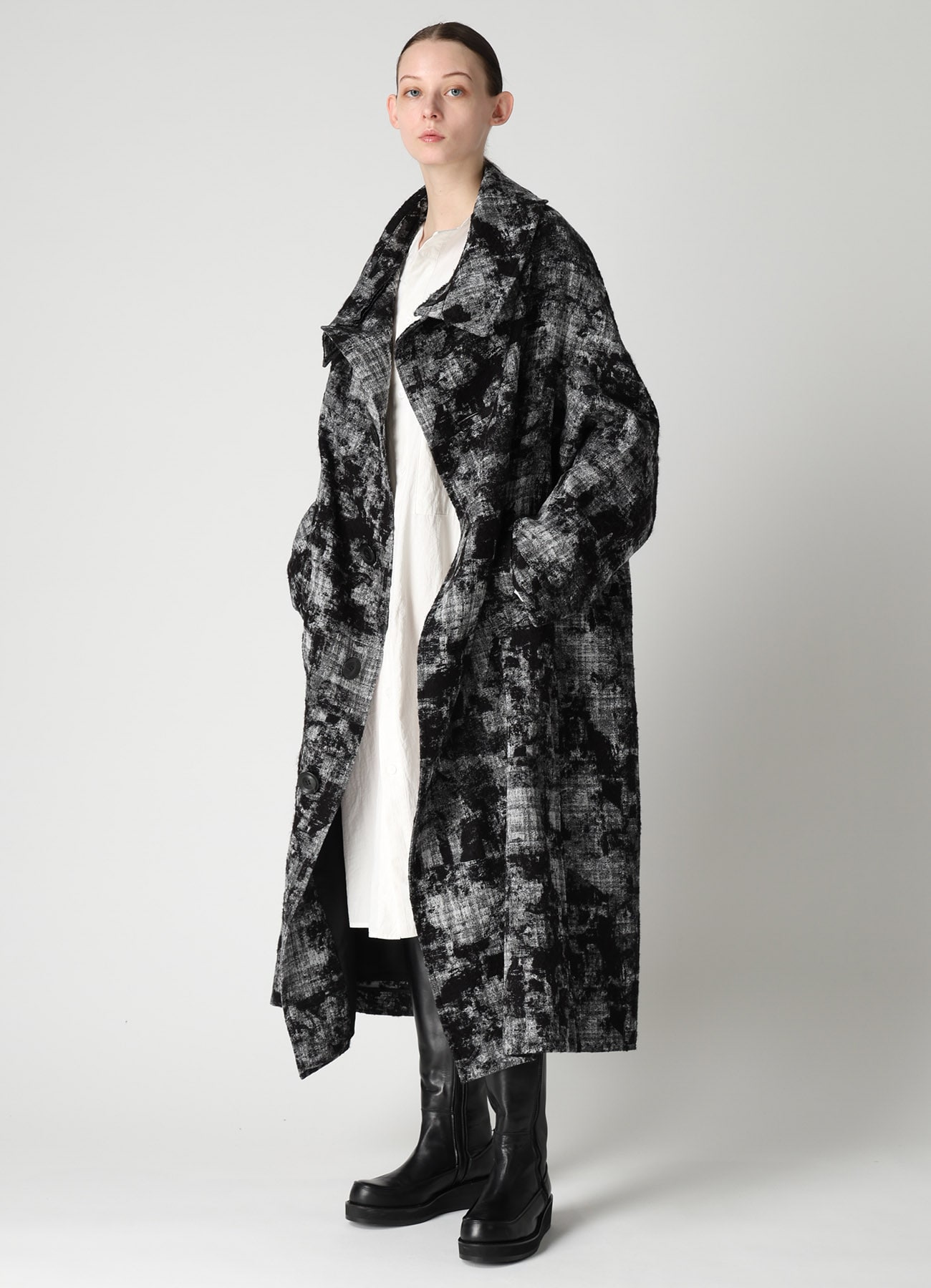 MOHAIR FADED PLAID JACQUARD LONG CAPE COAT