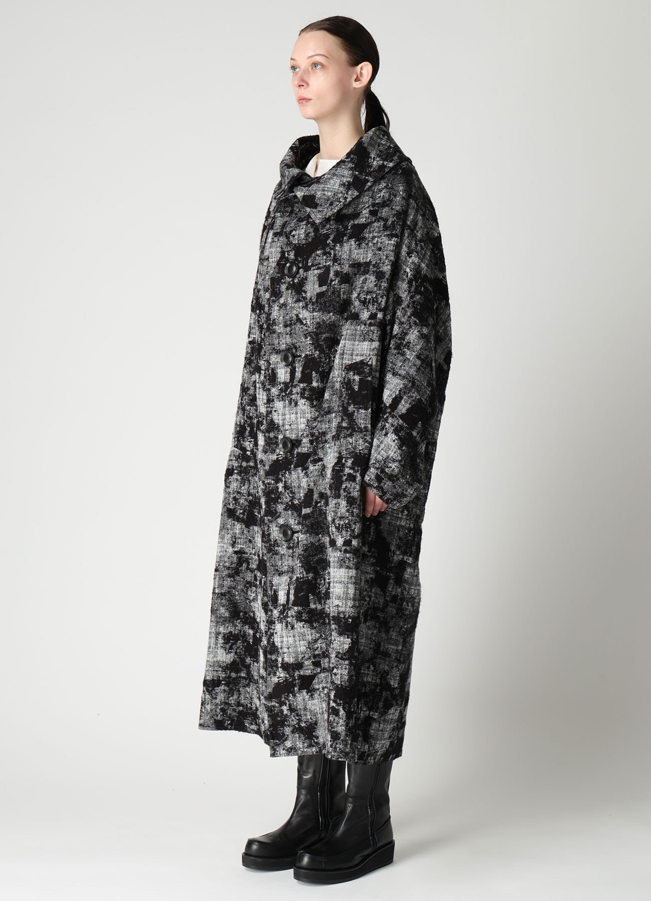 MOHAIR FADED PLAID JACQUARD LONG CAPE COAT