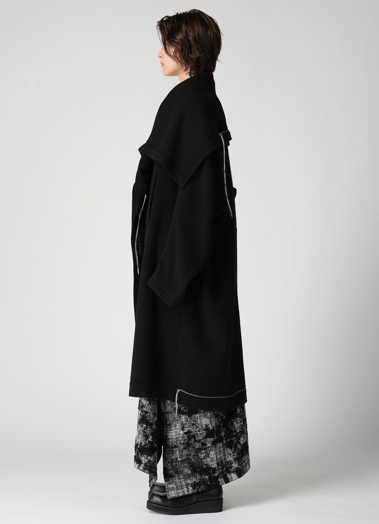 LIGHT SHAGGY BIG STITCH CAPE COAT(XS Black): Y's｜THE SHOP YOHJI