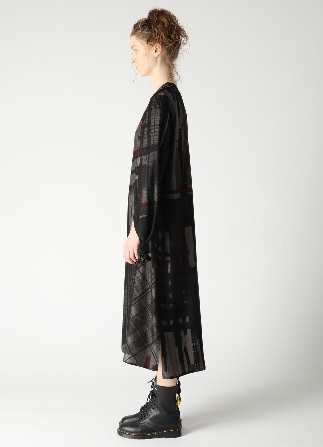 CU/DUNGAREE TWILL PLAID PRINT KNOT SLEEVE DRESS