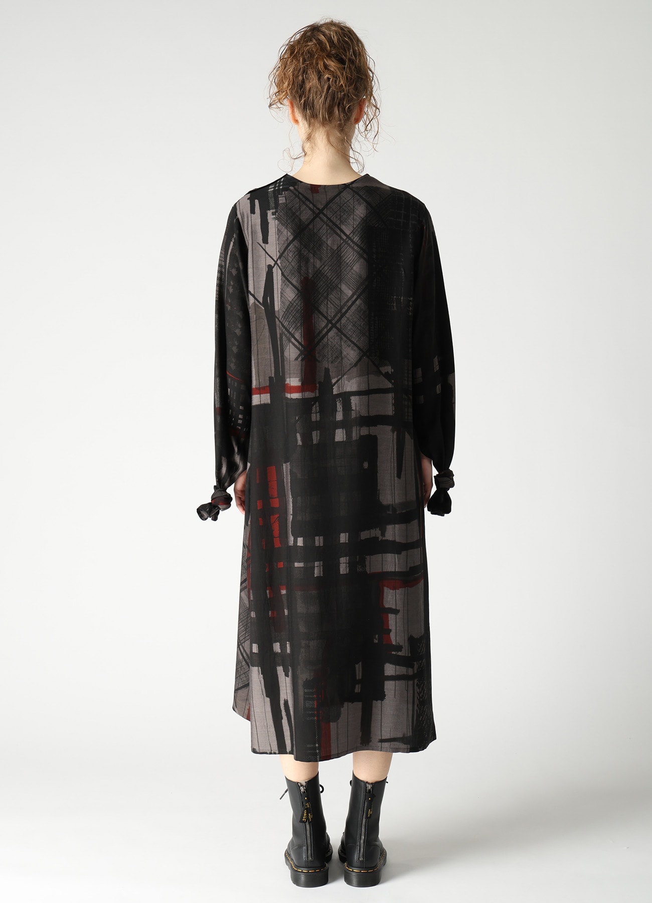CU/DUNGAREE TWILL PLAID PRINT KNOT SLEEVE DRESS