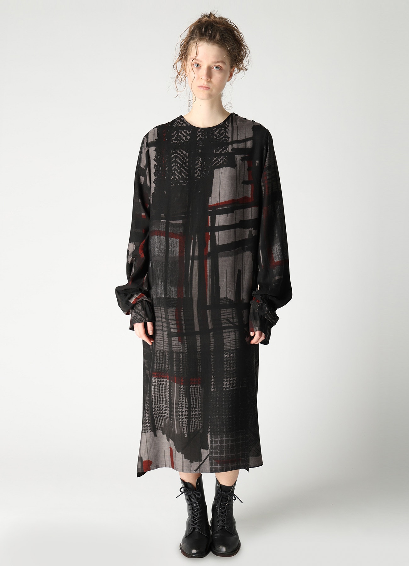 CU/DUNGAREE TWILL PLAID PRINT KNOT SLEEVE DRESS