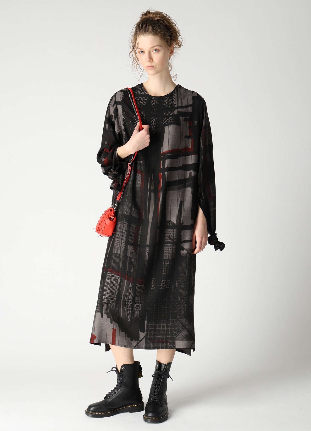 CU/DUNGAREE TWILL PLAID PRINT KNOT SLEEVE DRESS