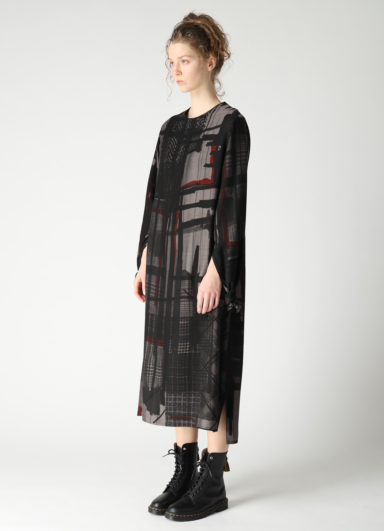 CU/DUNGAREE TWILL PLAID PRINT KNOT SLEEVE DRESS