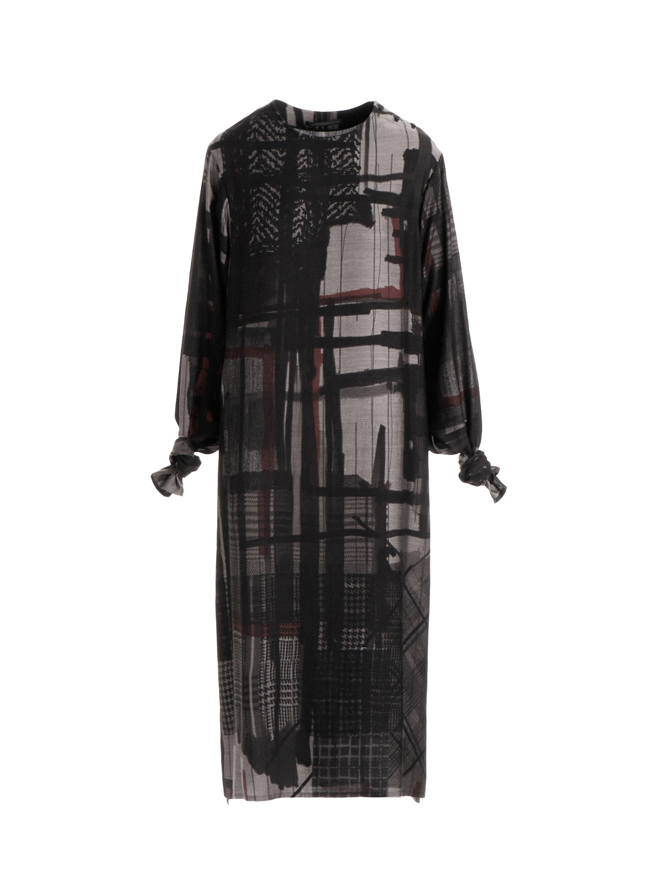 CU/DUNGAREE TWILL PLAID PRINT KNOT SLEEVE DRESS