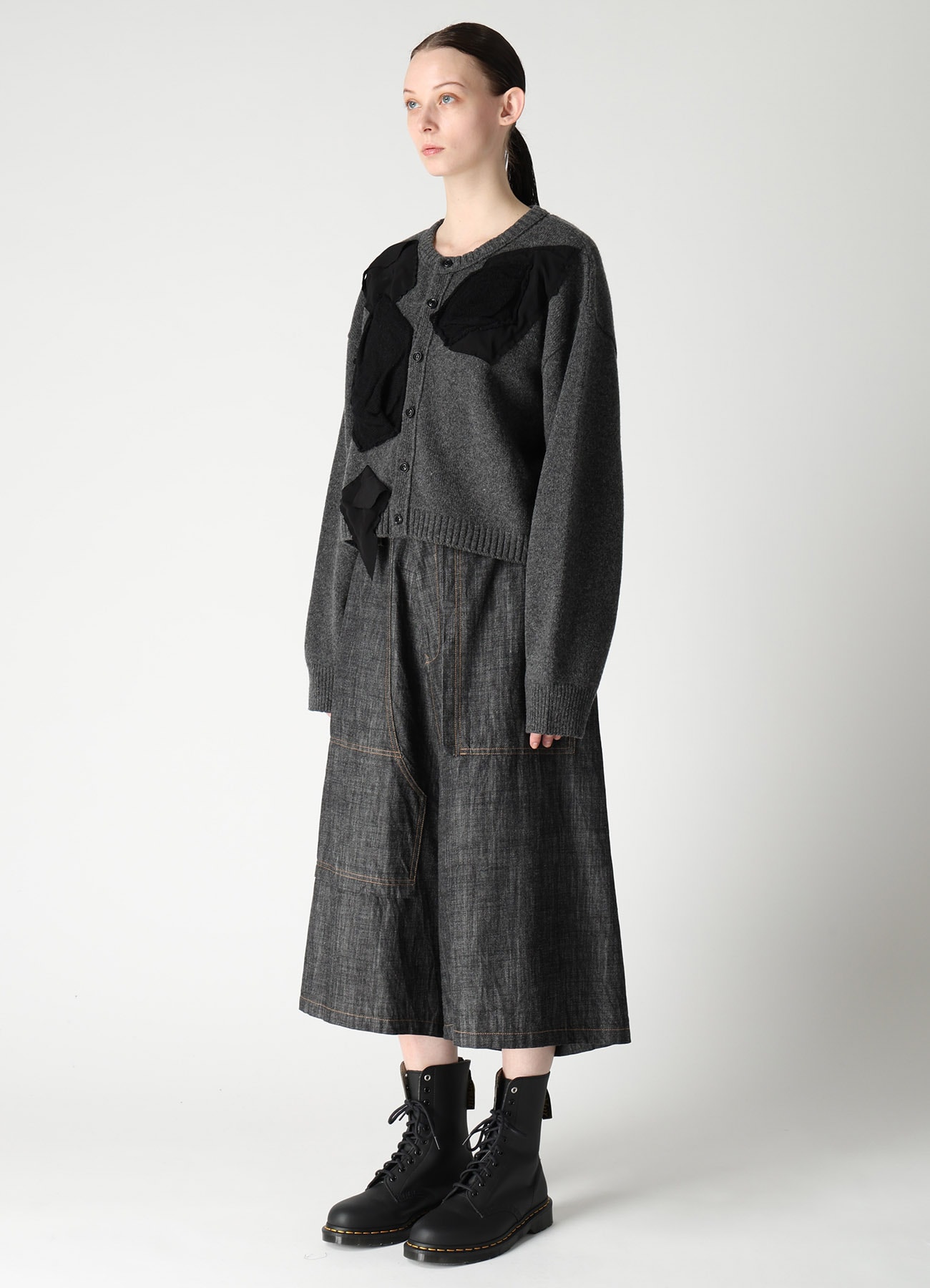 7G JERSEY PATCH APPLIQUE KNIT CARDIGAN(S Charcoal): Y's｜THE SHOP